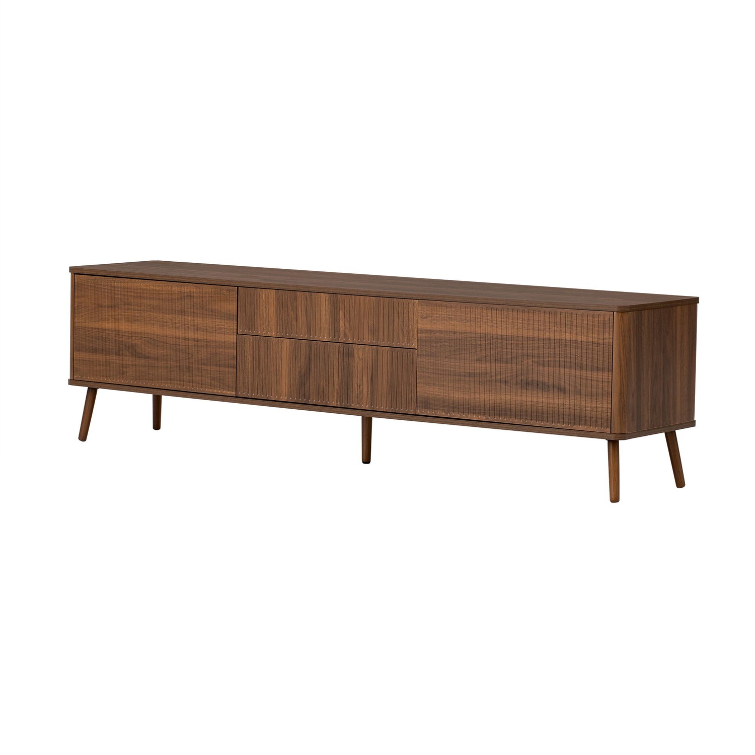 Fluted TV Stand With Storage Drawers And Cabinets For TVs Up To 80&quot;, Soft-Close Hinges, Cable Management - Walnut
