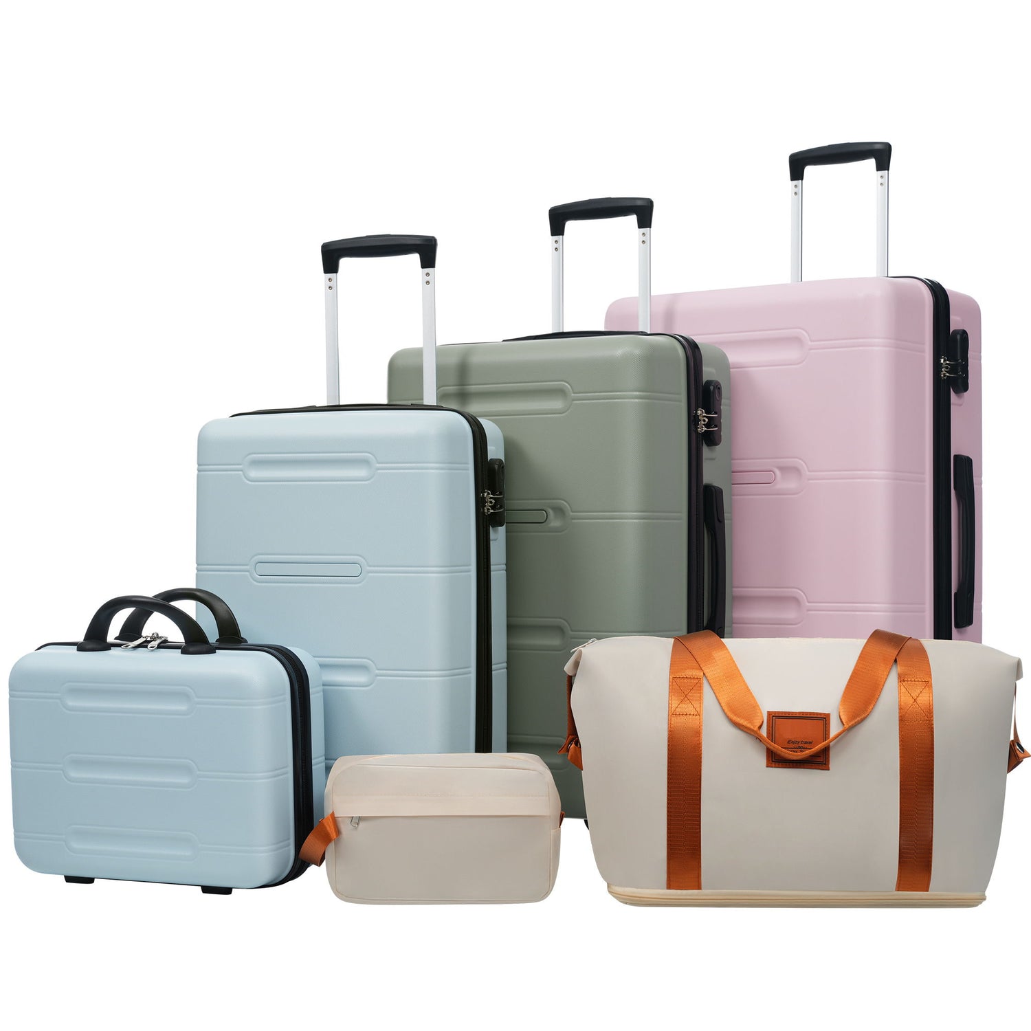 Lightweight Hardshell Luggage Set With Double Spinner Wheels, Password Lock, Cosmetic Case, 20" / 24" / 28" Luggages, Duffel Bag &amp; Toiletry Bag - Blue / Green / Pink