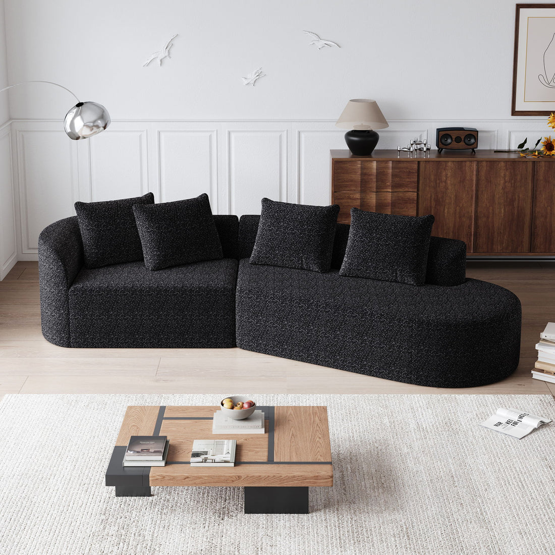Upholstered Oversized Sectional Sofa, 4 Seater Extra Deep &amp; Wide Curved Cloud Couch With 4 Throw Pillows For Living Room - Black