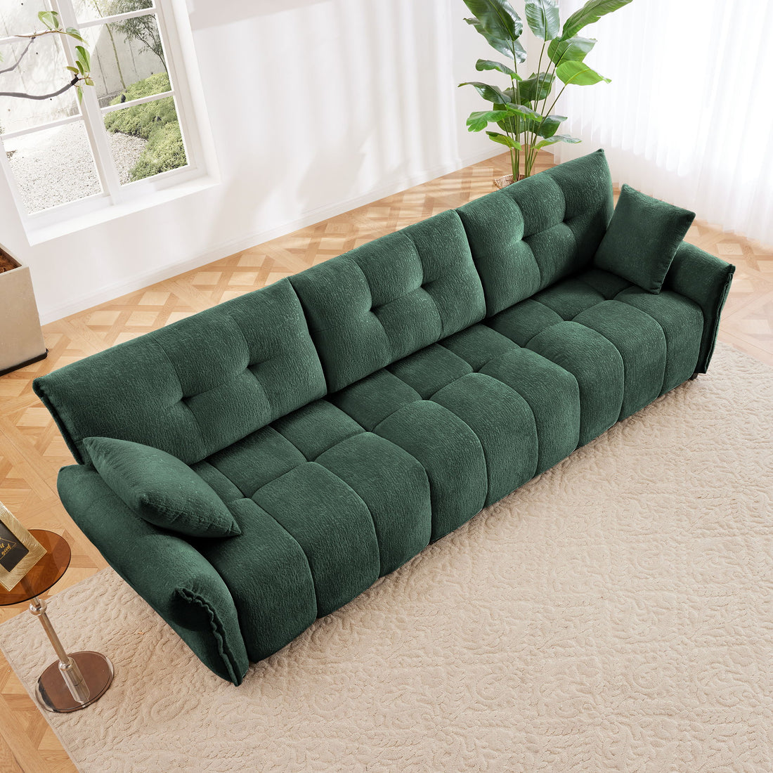 Elegant 3 Seater Sofa Set &amp; Pillows Frame, High Rebound Cushions - Textured Green