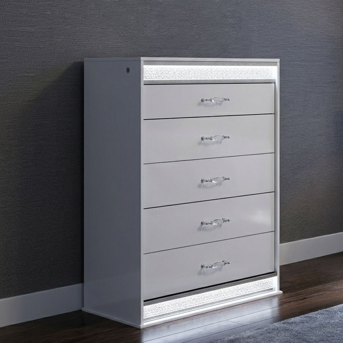 Glam - 5 Drawer Chest &amp; LED Lighting - White
