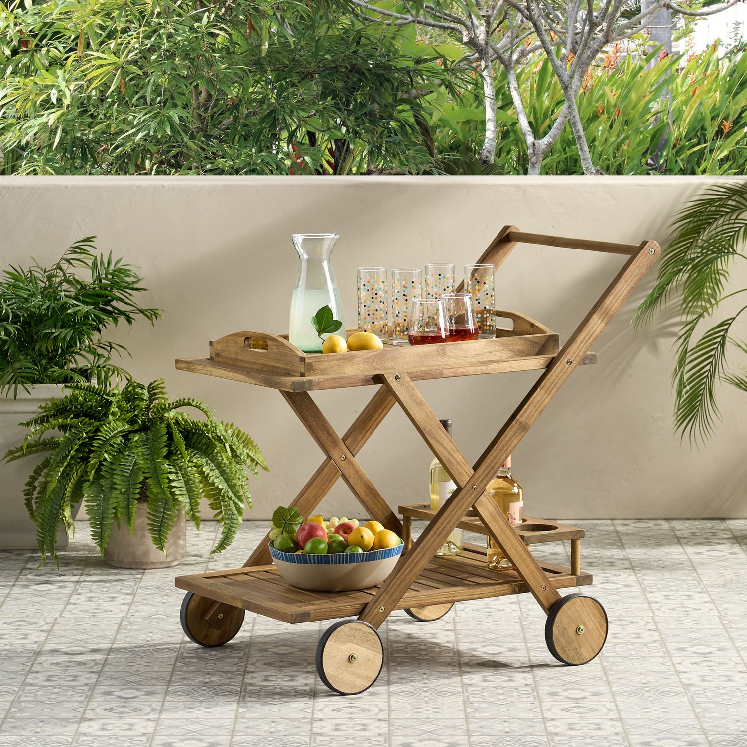 Riviera Bar Cart Stained Mobile With Wheels For Entertaining - Natural Stained