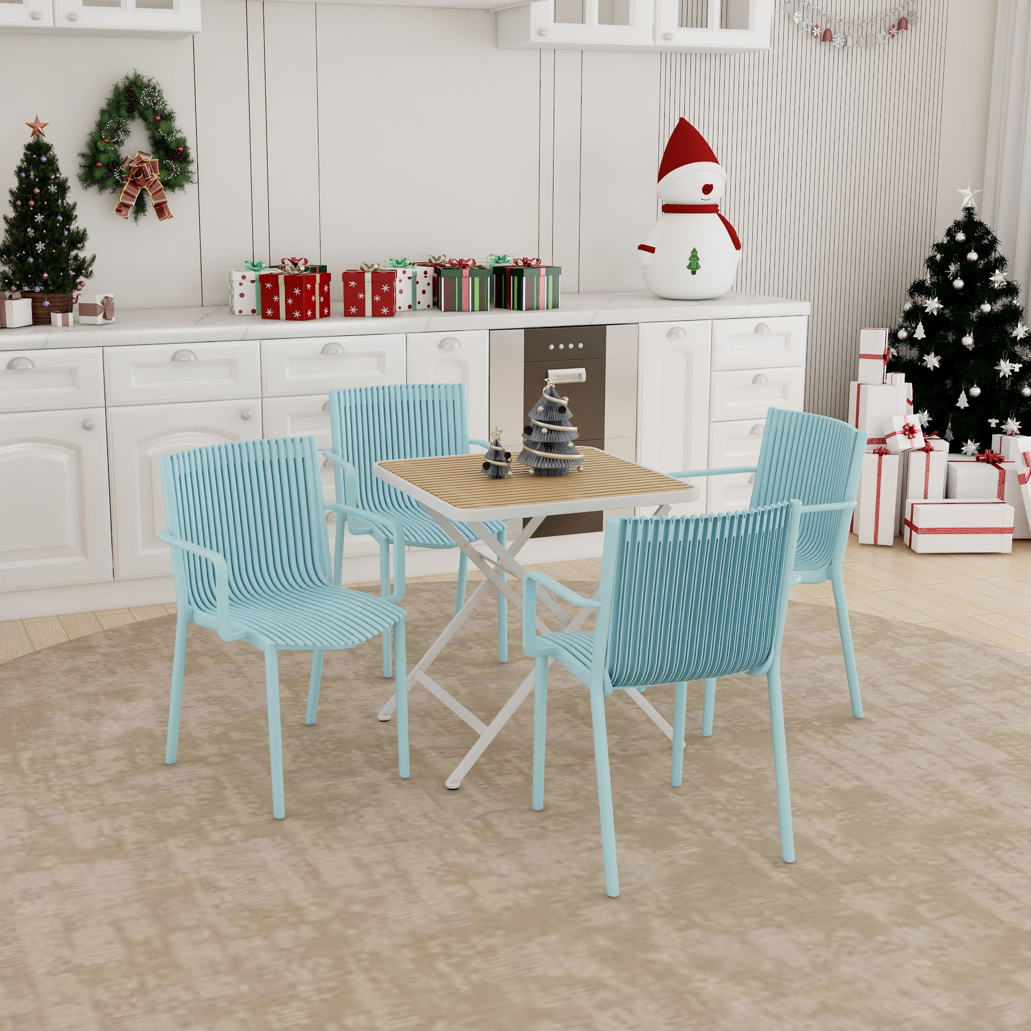 4 Modern Stackable Plastic Armchair Matched With Folding Square Table