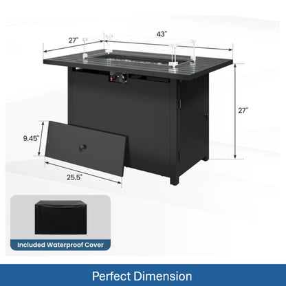 Outdoor 2 In 1 Gas Fire Pit Table With Lid &amp; Glass Shield, Stainless Burner, Lava Rock, Rectangular Design - Black