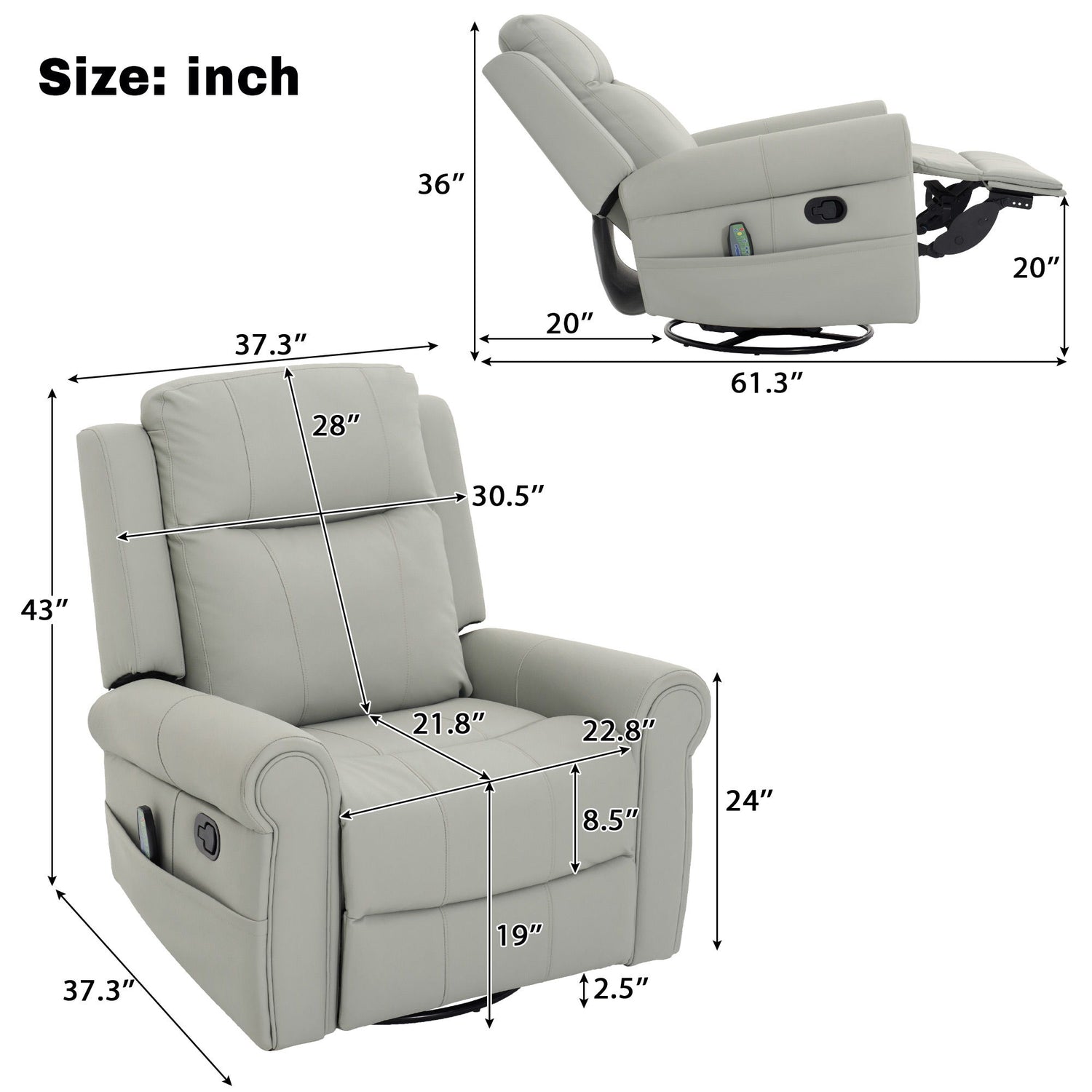 Manual Recliner Chair With 270 Degree Swivel, Massage &amp; Heating, Dual Reclining Positions