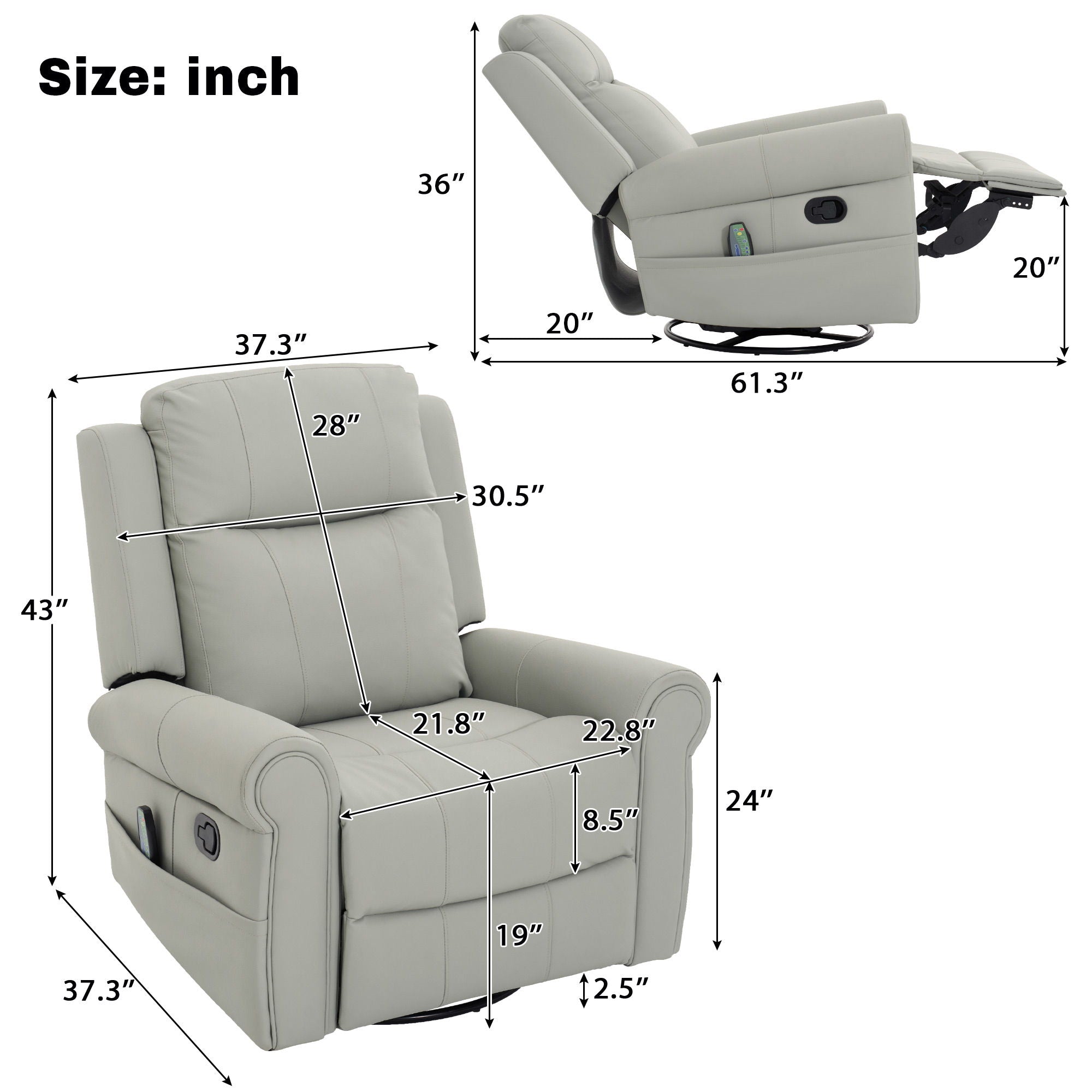 Manual Recliner Chair With 270 Degree Swivel, Massage &amp; Heating, Dual Reclining Positions