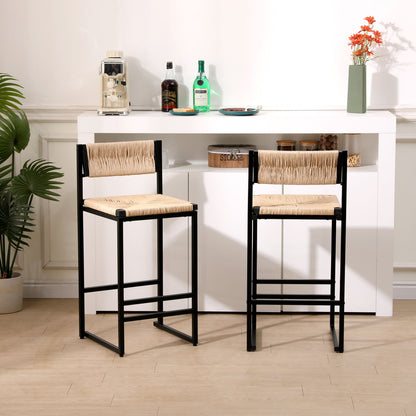 Bar Stools Paper Rope Weave Dining Chairs With Back Hand Weave Stools For Kichen Island, Bar &amp; Counter (Set of 2)