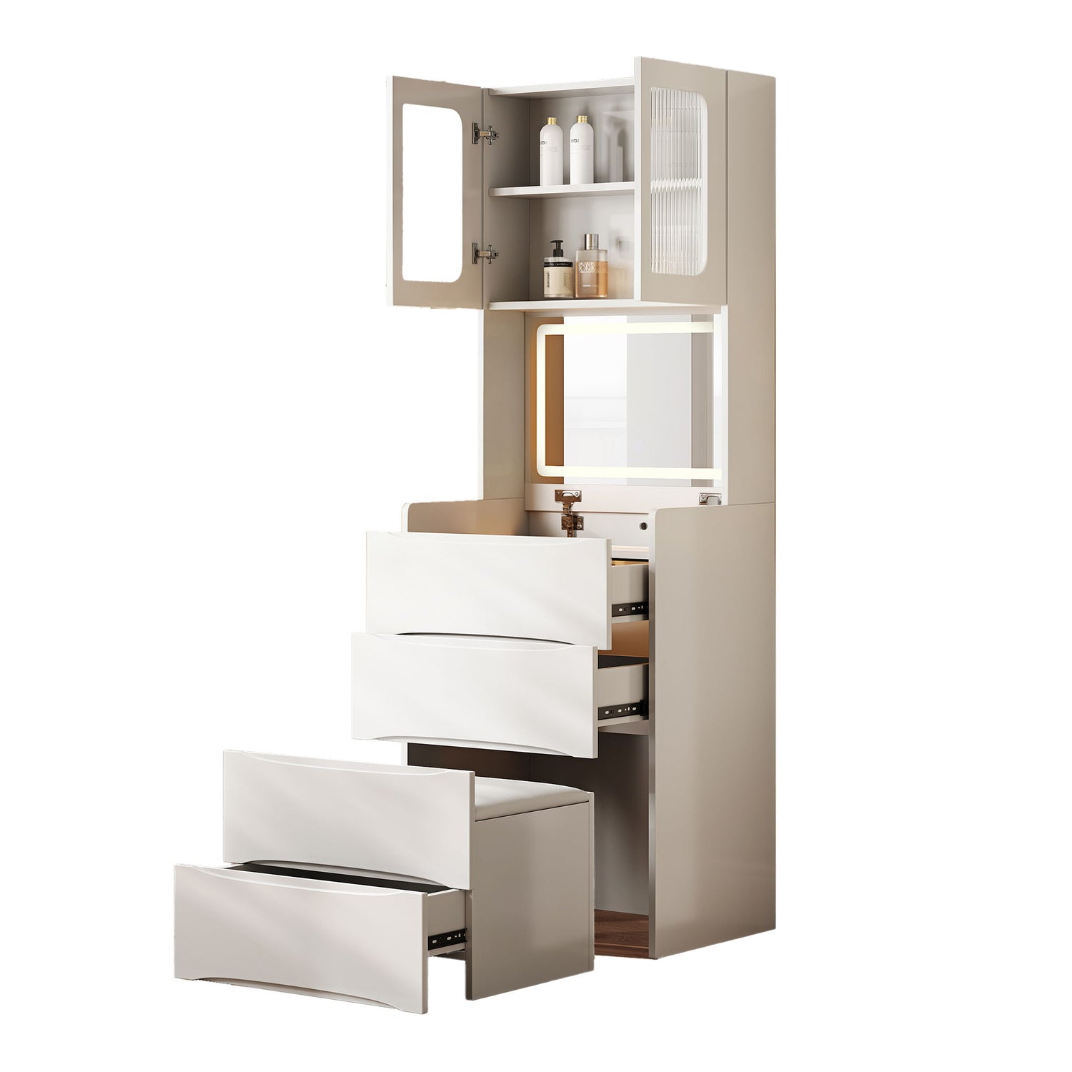 3 In 1 Vanity Table With LED Mirror &amp; Storage Stool For Bedroom