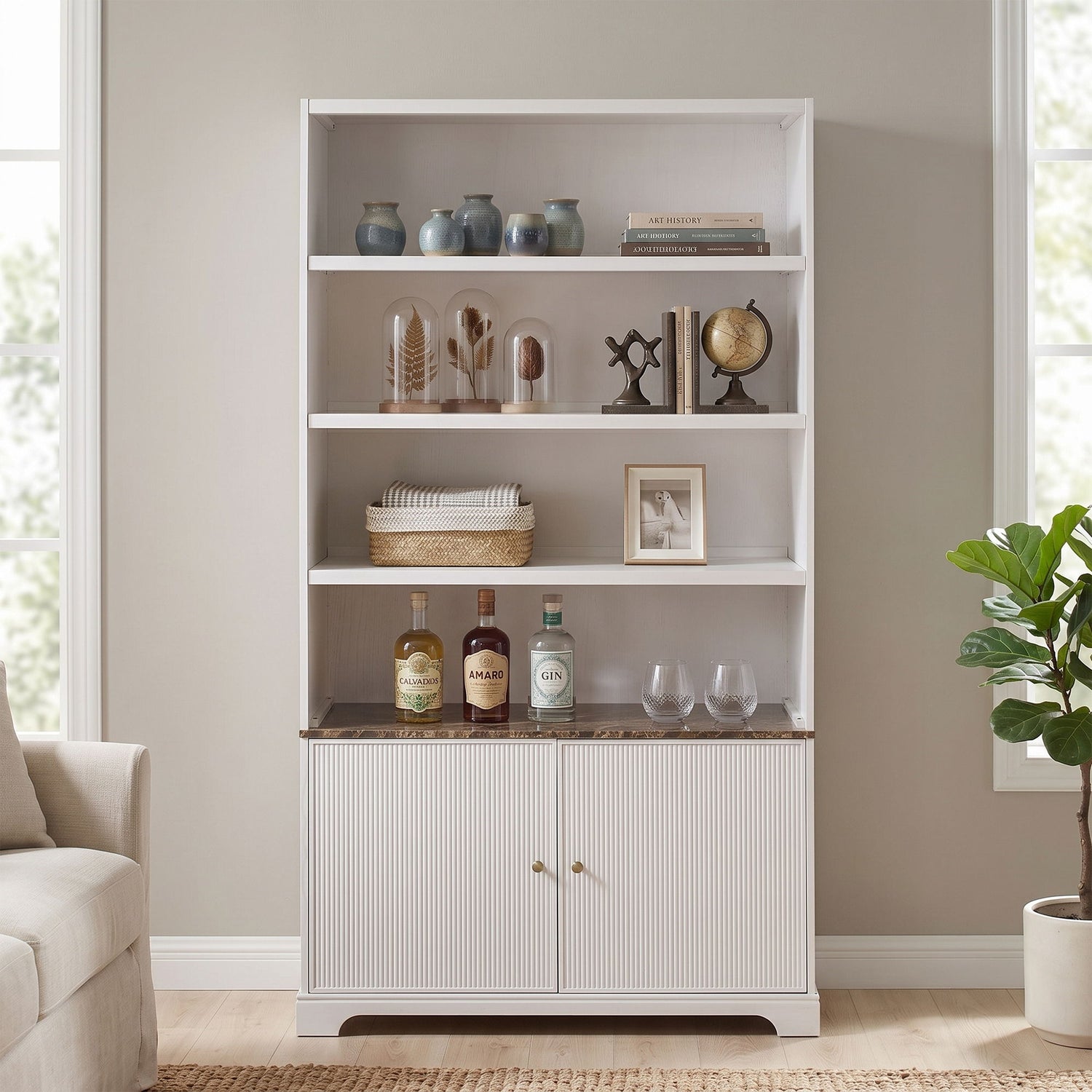 Tall Bookcase Storage Cabinet With 3 Open Shelves &amp; Fluted Double Doors