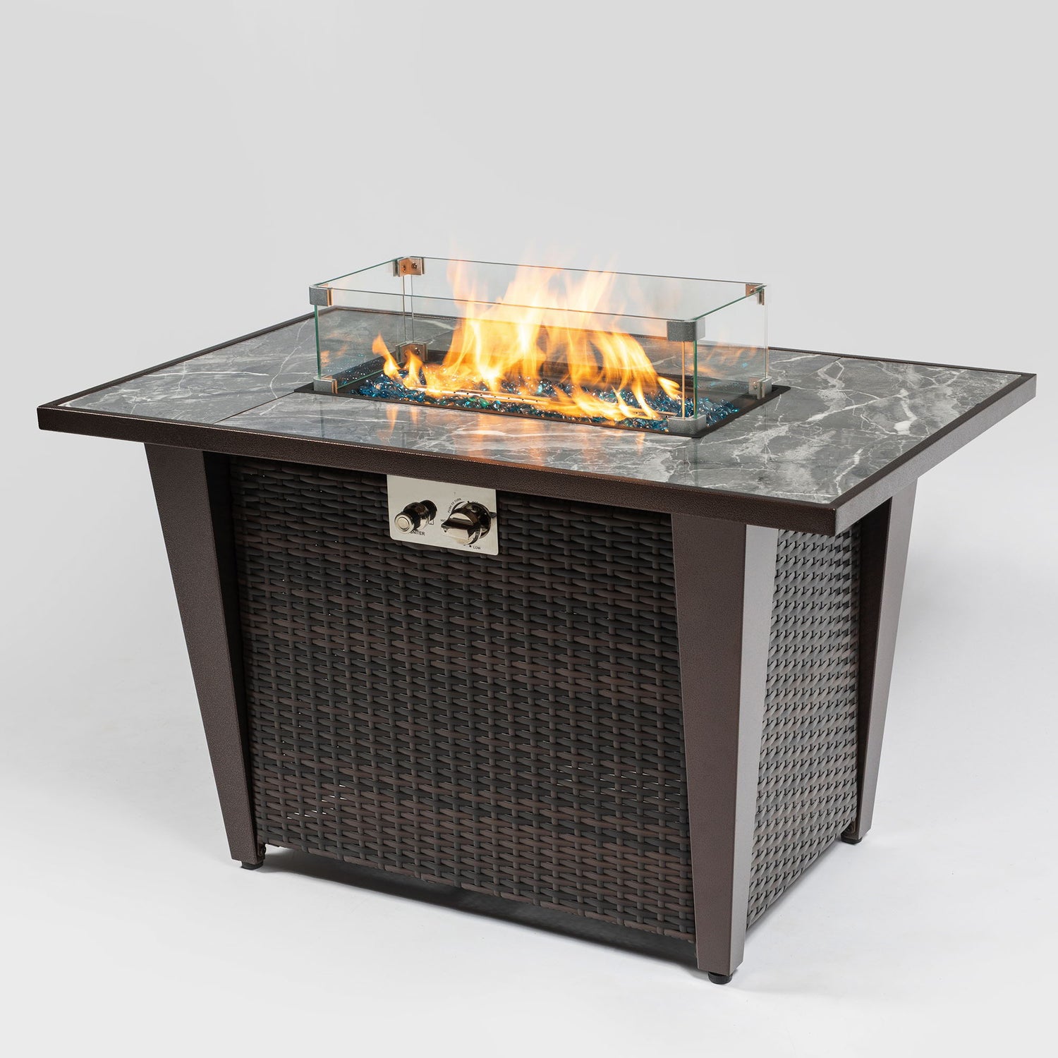 Fire Pit Table, Glass Wind Guard And Rain Cover, Lid - Brown