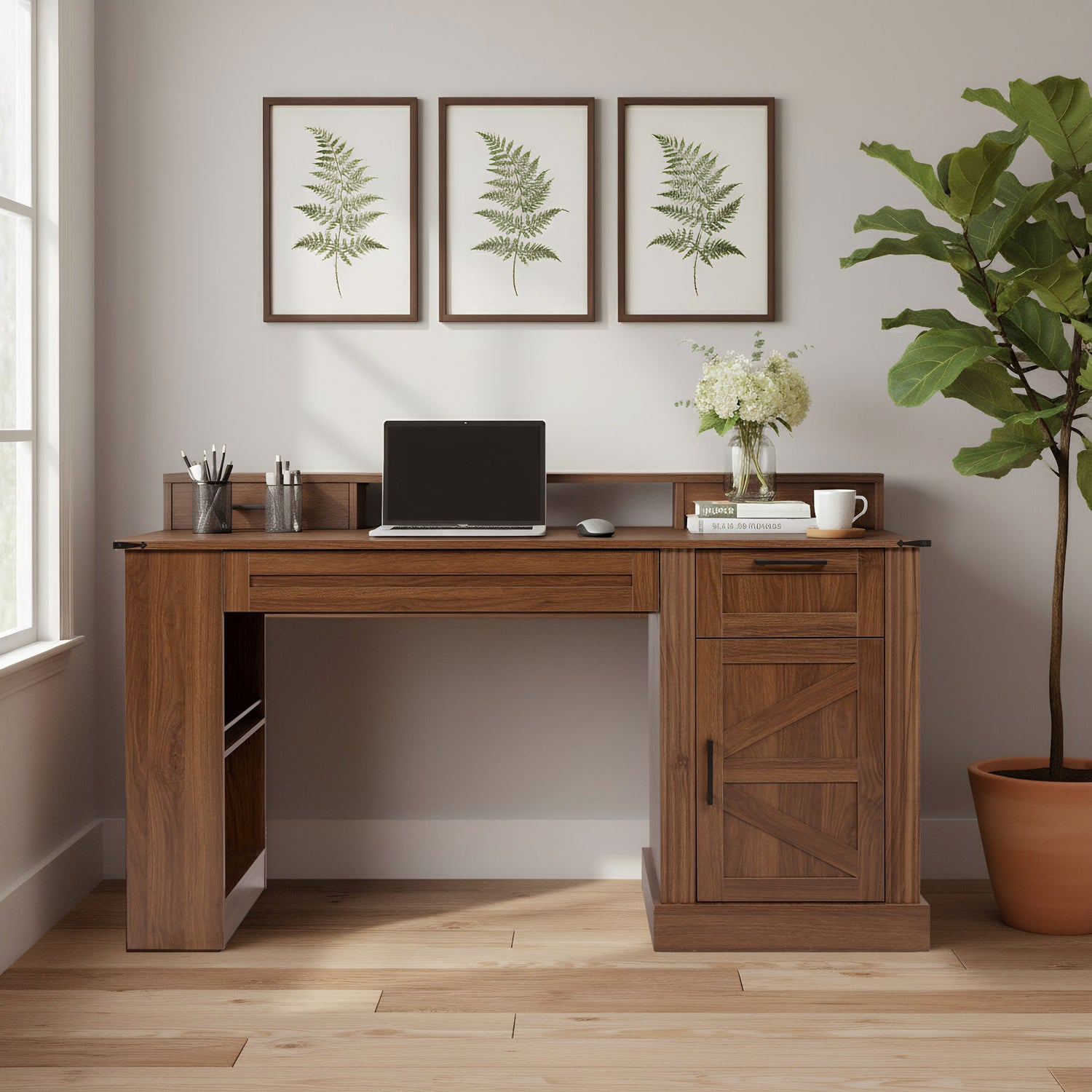 Office Desk With Storage Cabinet, Charging Station, Monitor Stand &amp; Pegboard