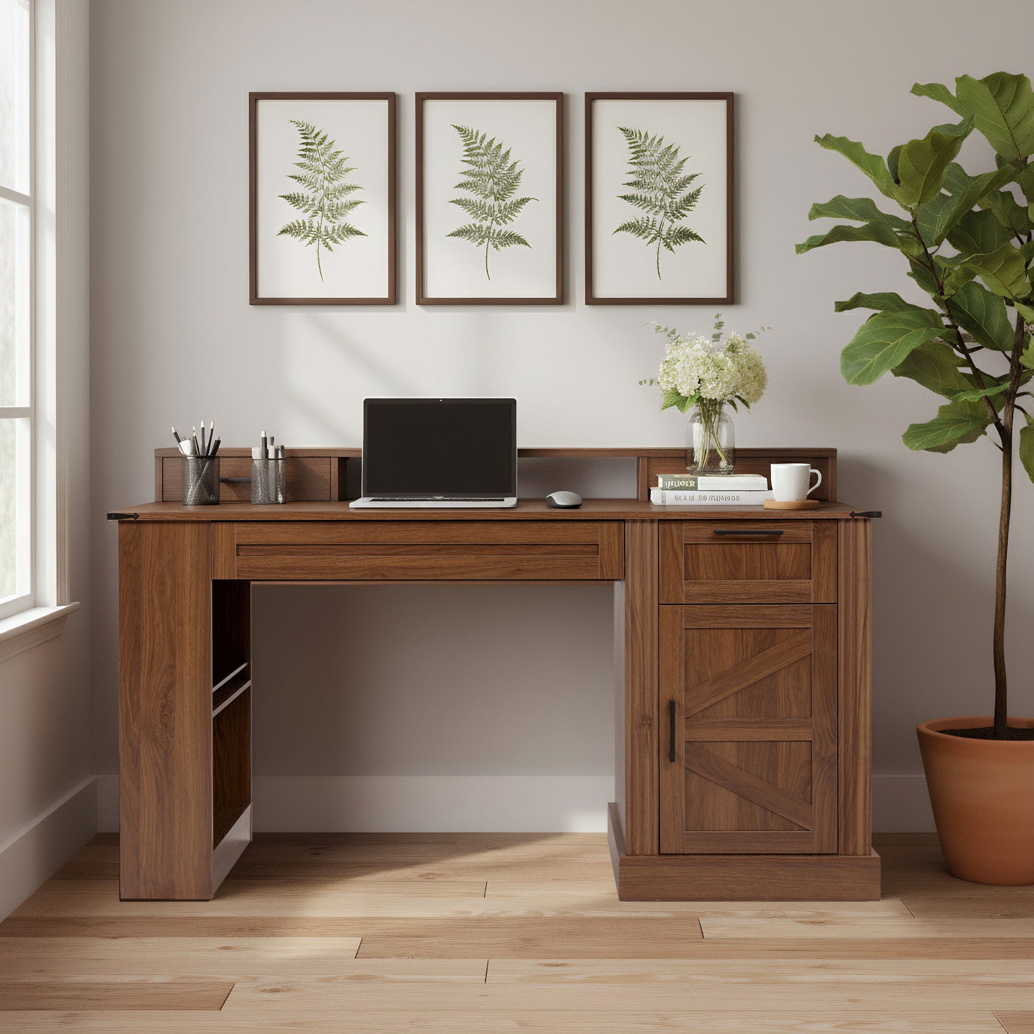 Office Desk With Storage Cabinet, Charging Station, Monitor Stand &amp; Pegboard