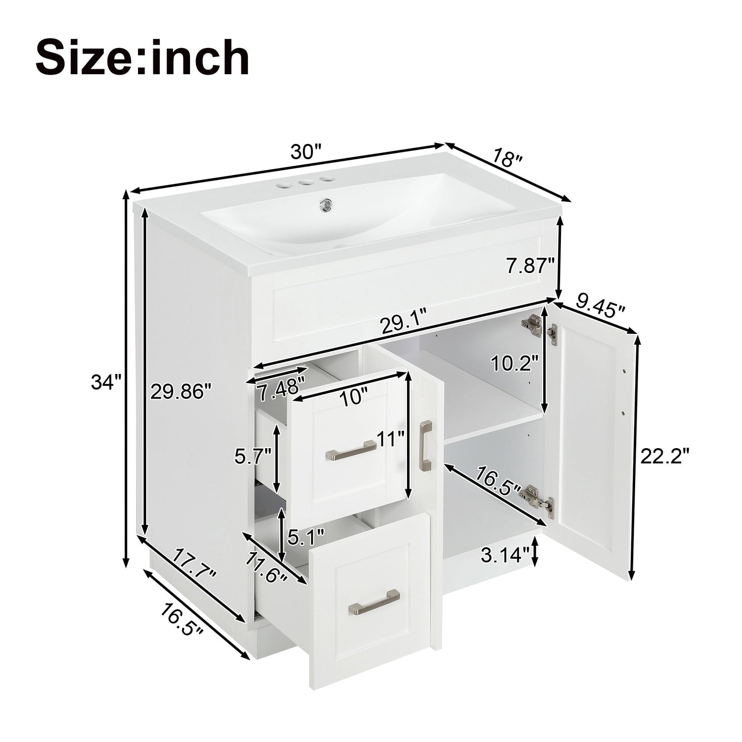 Bathroom Vanity With 2 Doors, 2 Drawers, Adjustable Shelf, Hidden Slides &amp; Soft Close Hinges