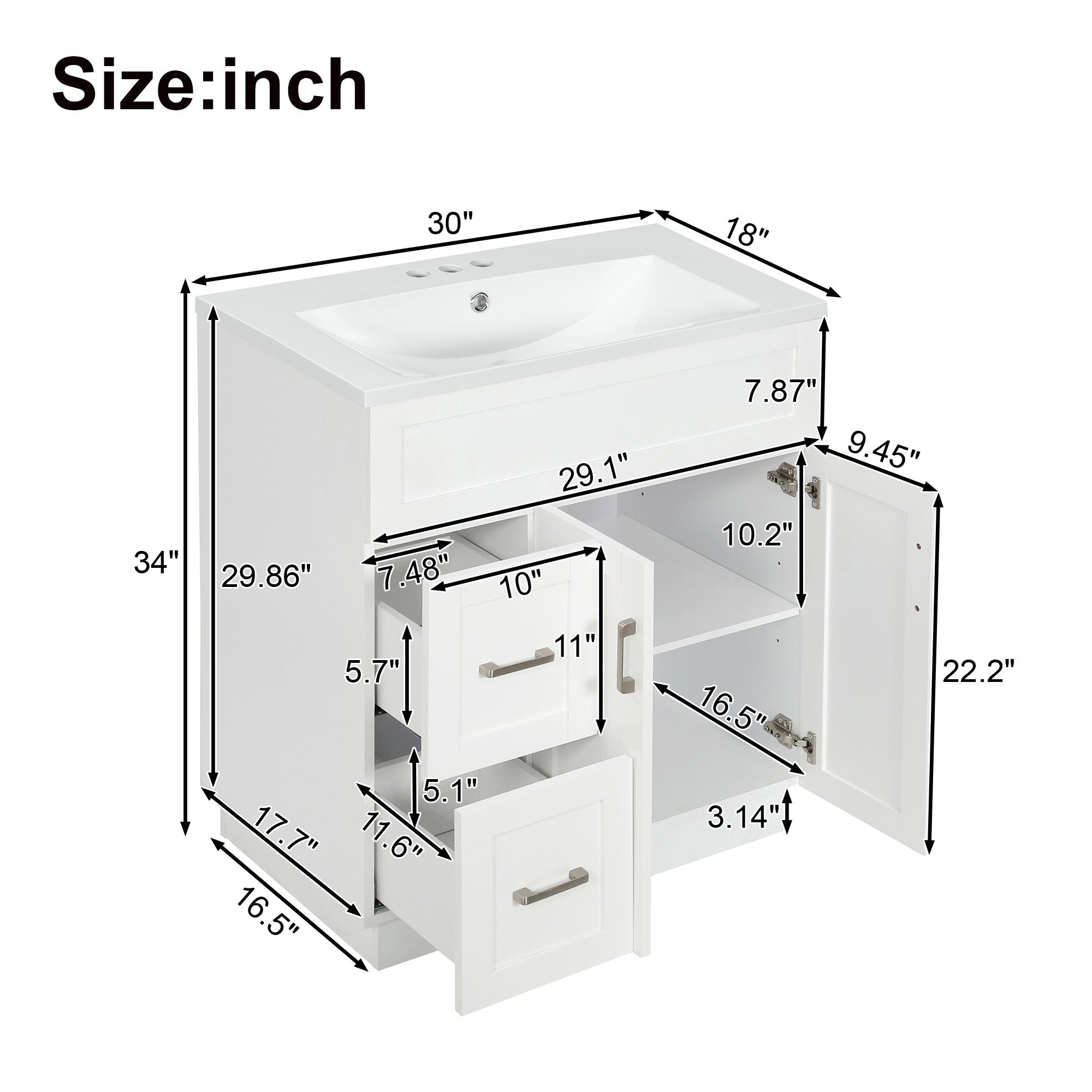 Bathroom Vanity With 2 Doors, 2 Drawers, Adjustable Shelf, Hidden Slides &amp; Soft Close Hinges