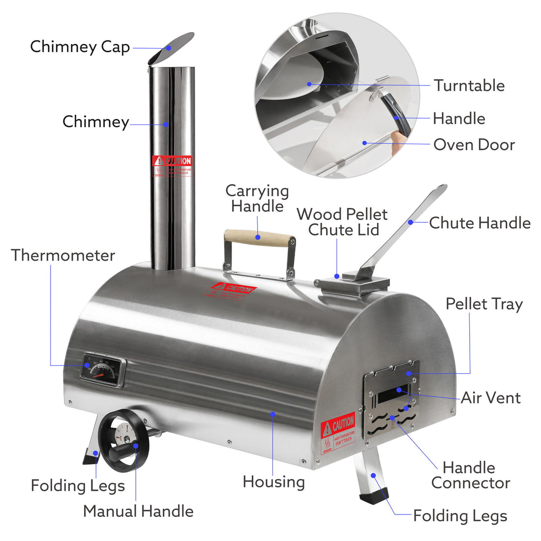 Silver Pizza Oven Outdoor 12&quot; Semi-Automatic Rotatable Pizza Ovens Portable Stainless Steel Wood Fired Pizza Oven Pizza Maker With Built-In Thermometer Pizza Cutter Carry Bag - Silver