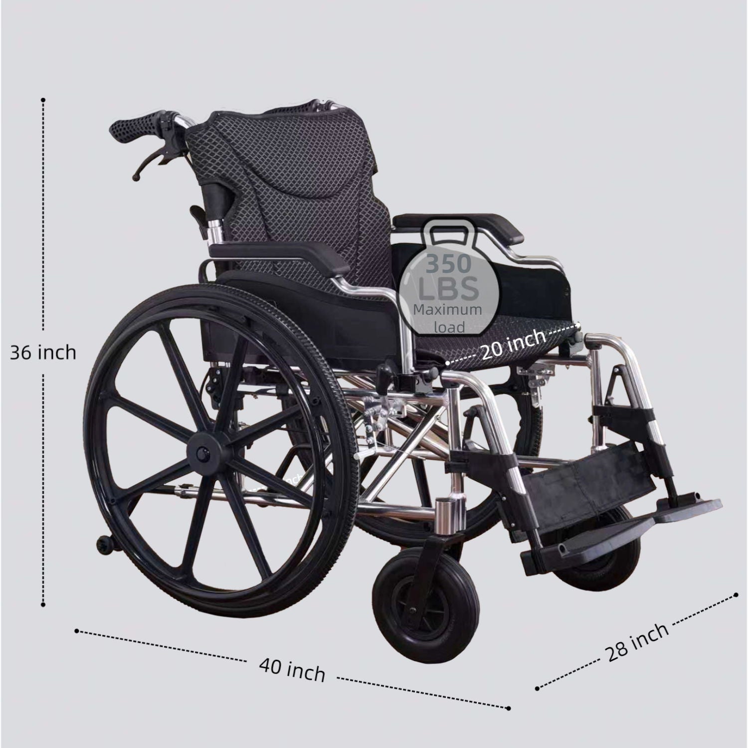 Heavy Duty Foldable Manual Wheelchair Double X Force Support With Adjustable Seat Belt Breathable Cushion &amp; Anti Backflip Design 24&quot; Tires For All Terrains 350 Lbs Capacity - Black / Silver