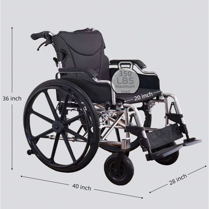 Heavy Duty Foldable Manual Wheelchair Double X Force Support With Adjustable Seat Belt Breathable Cushion &amp; Anti Backflip Design 24&quot; Tires For All Terrains 350 Lbs Capacity - Black / Silver