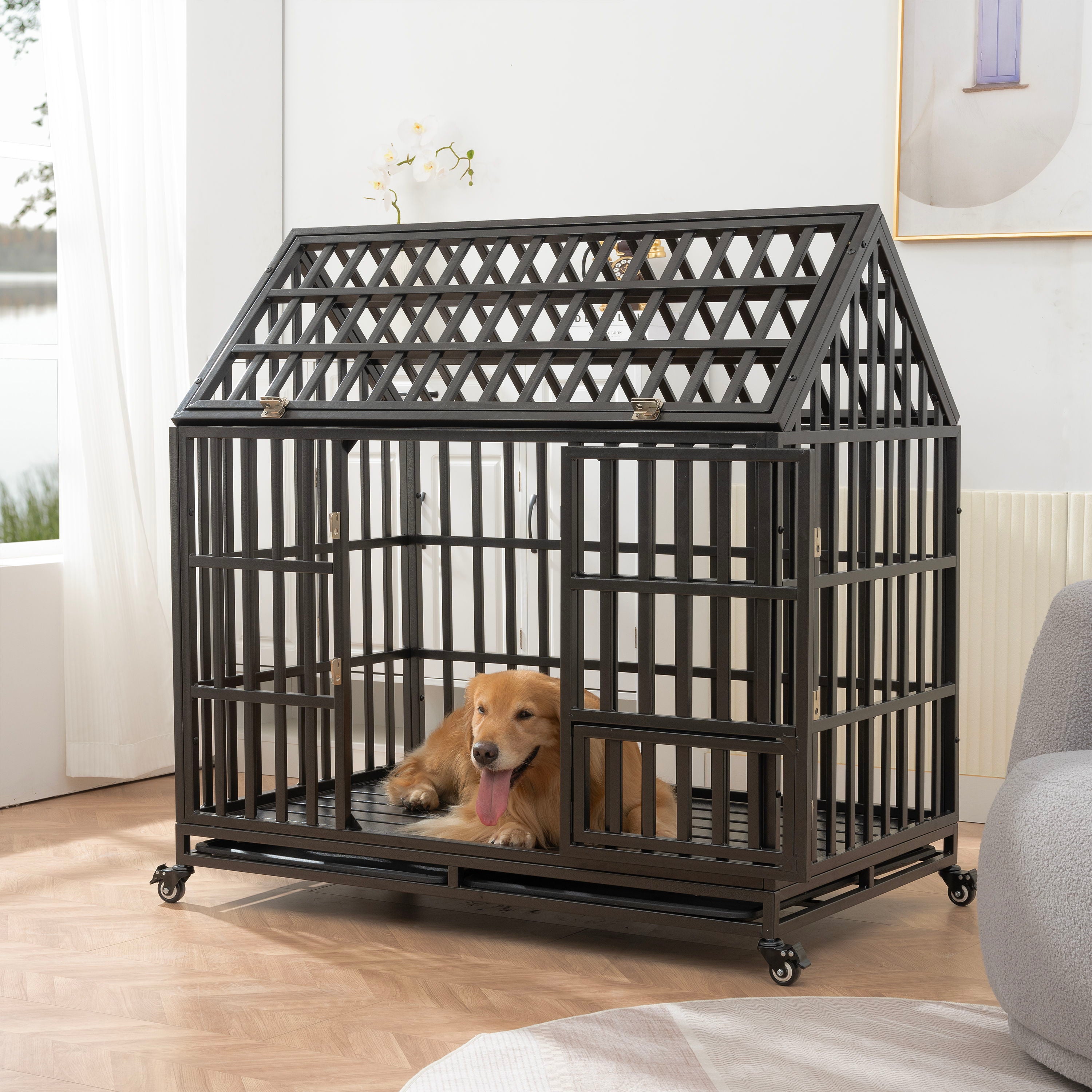 Heavy Duty Dog Cage Pet Crate With Roof &amp; Window On Roof - Black