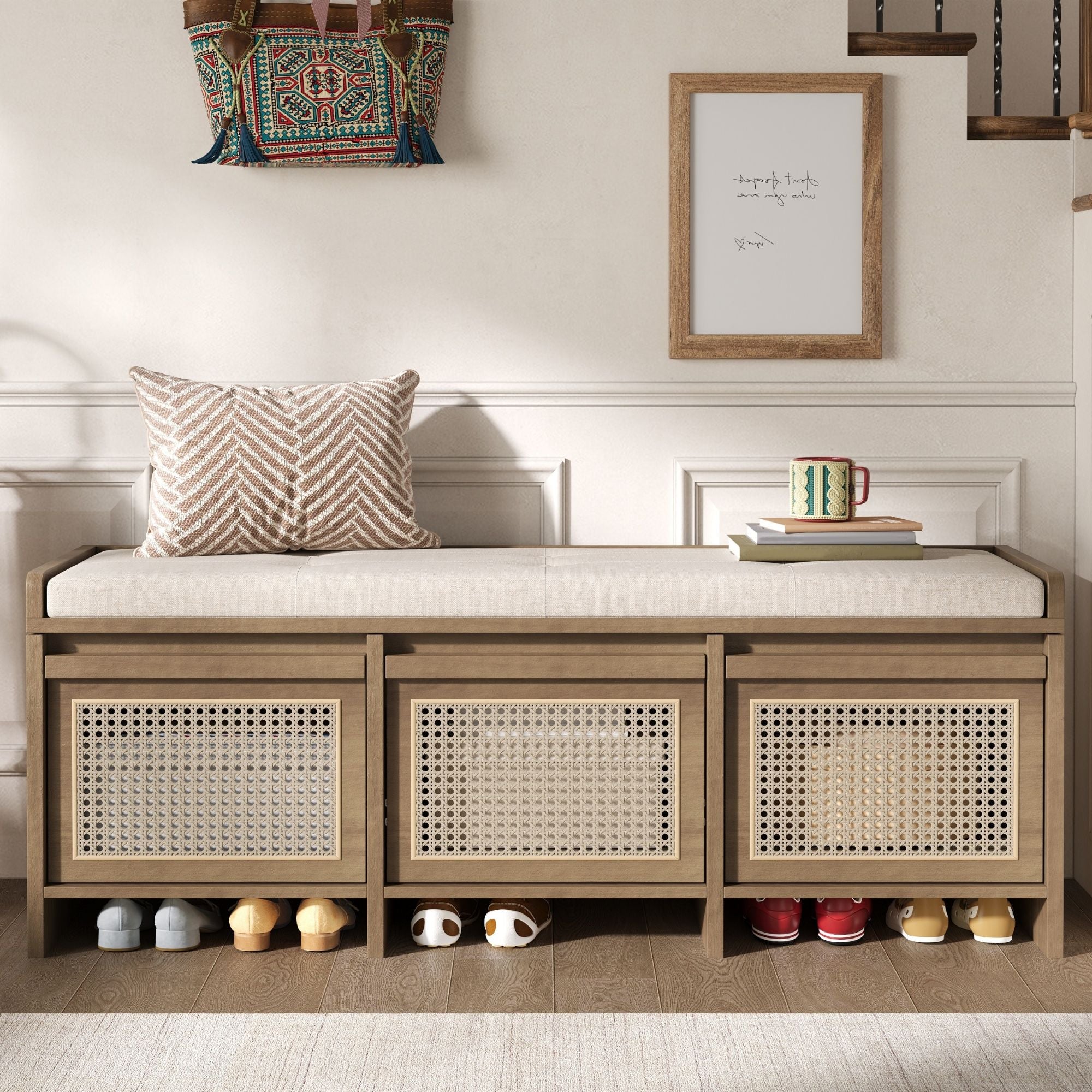 Entryway Shoe Bench With Drawers &amp; Button Tufted Cushion