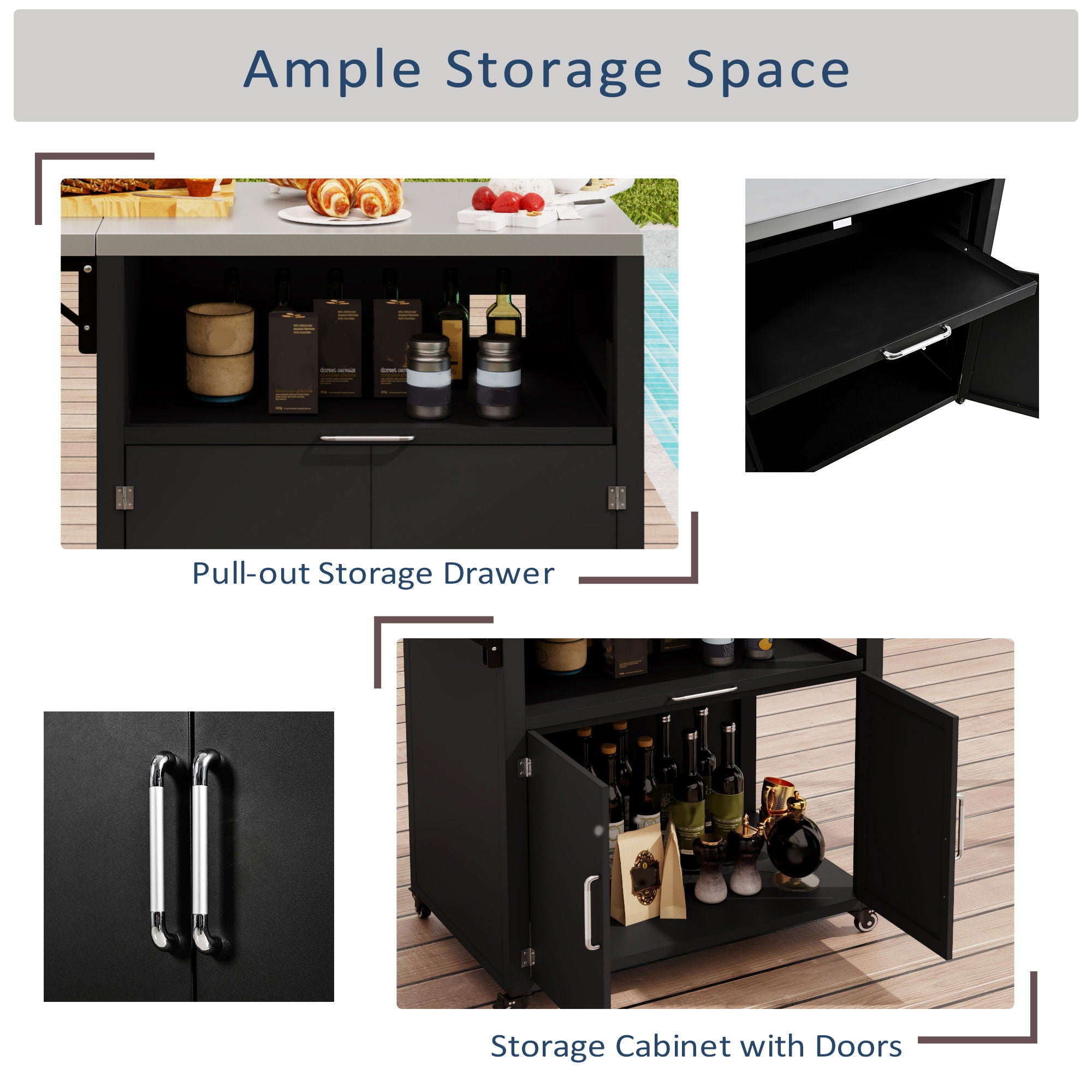 Versatile Outdoor Cabinet With Folding &amp; Expandable Work Surfaces, Ample Storage Space, And Lockable Wheels - Matte Black