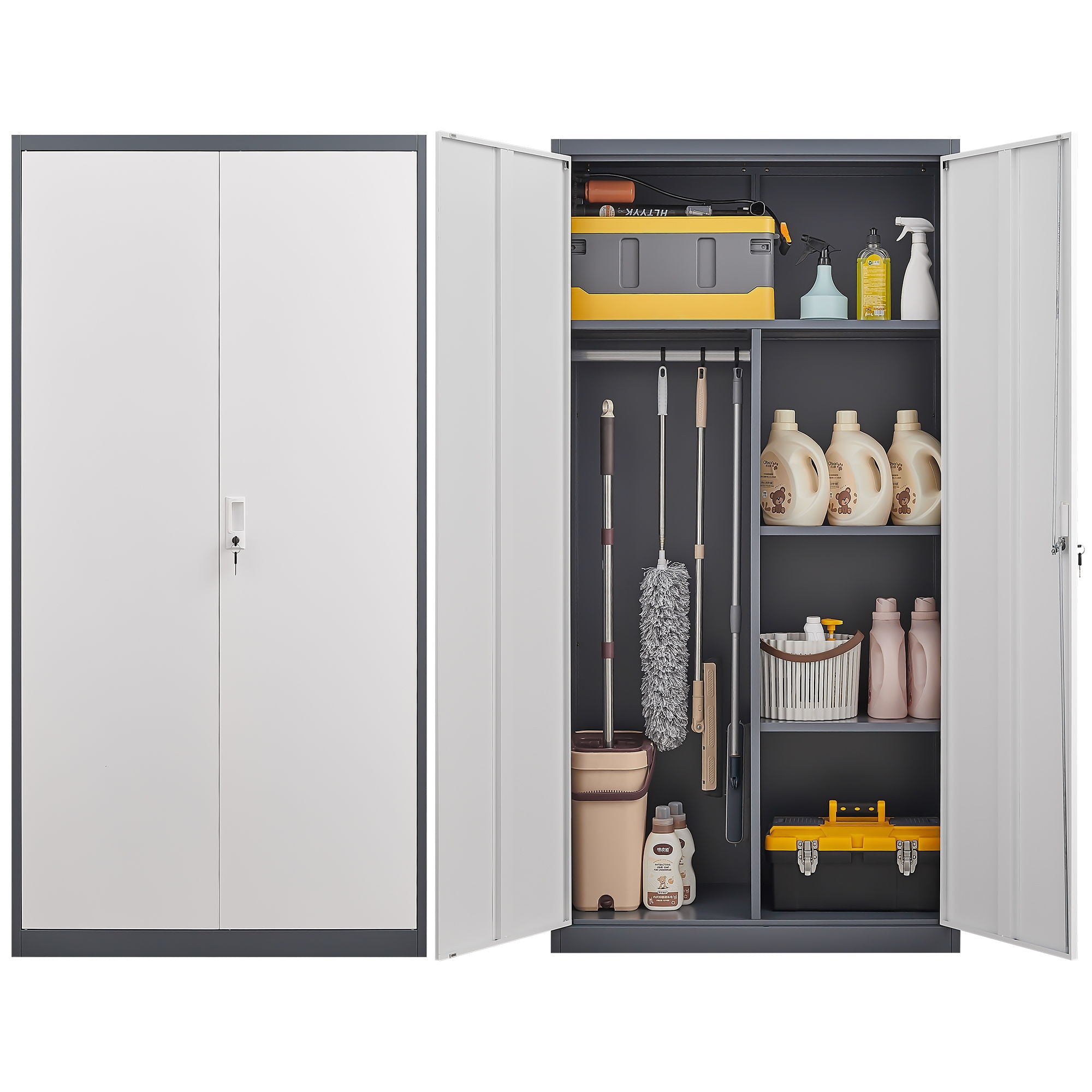 Wardrobe With Hanging Rod And Compartments, Lockable Closet With Locks &amp; Keys For Bedroom - Gray