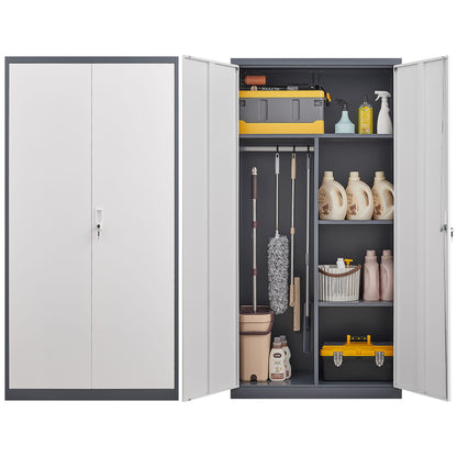 Wardrobe With Hanging Rod And Compartments, Lockable Closet With Locks &amp; Keys For Bedroom - Gray