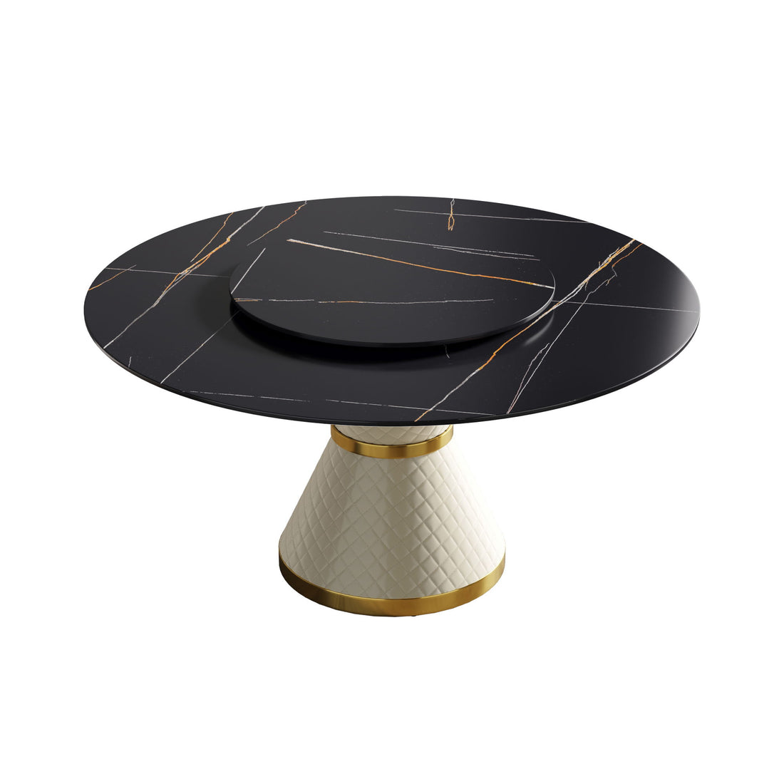 59.05&quot; Modern Artificial Stone Round Carbon Steel Base Dining Table, Can Accommodate 6 People, Artificial Stone Turntable - White / Black