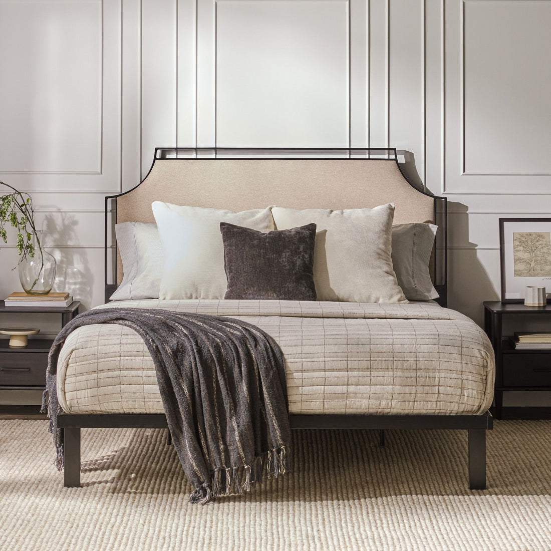 Queen Bed Frame Upholstered Metal - Tan