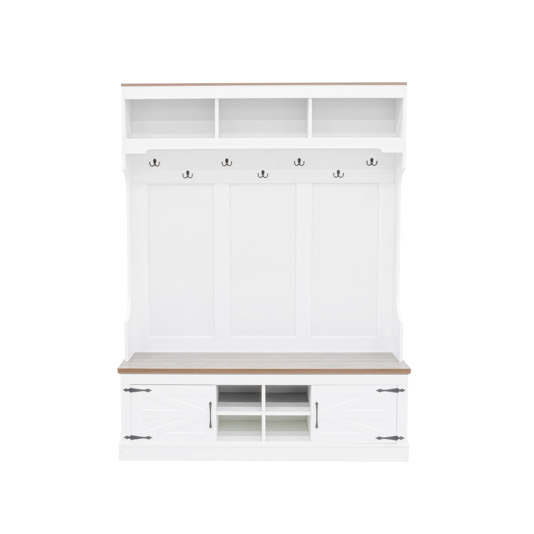 Hall Tree With Bench And Shoe Storage, 5 In 1 Entryway Organizer Cabinet With Coat Rack, 4 Shoe Cubbies &amp; 7 Hooks - White