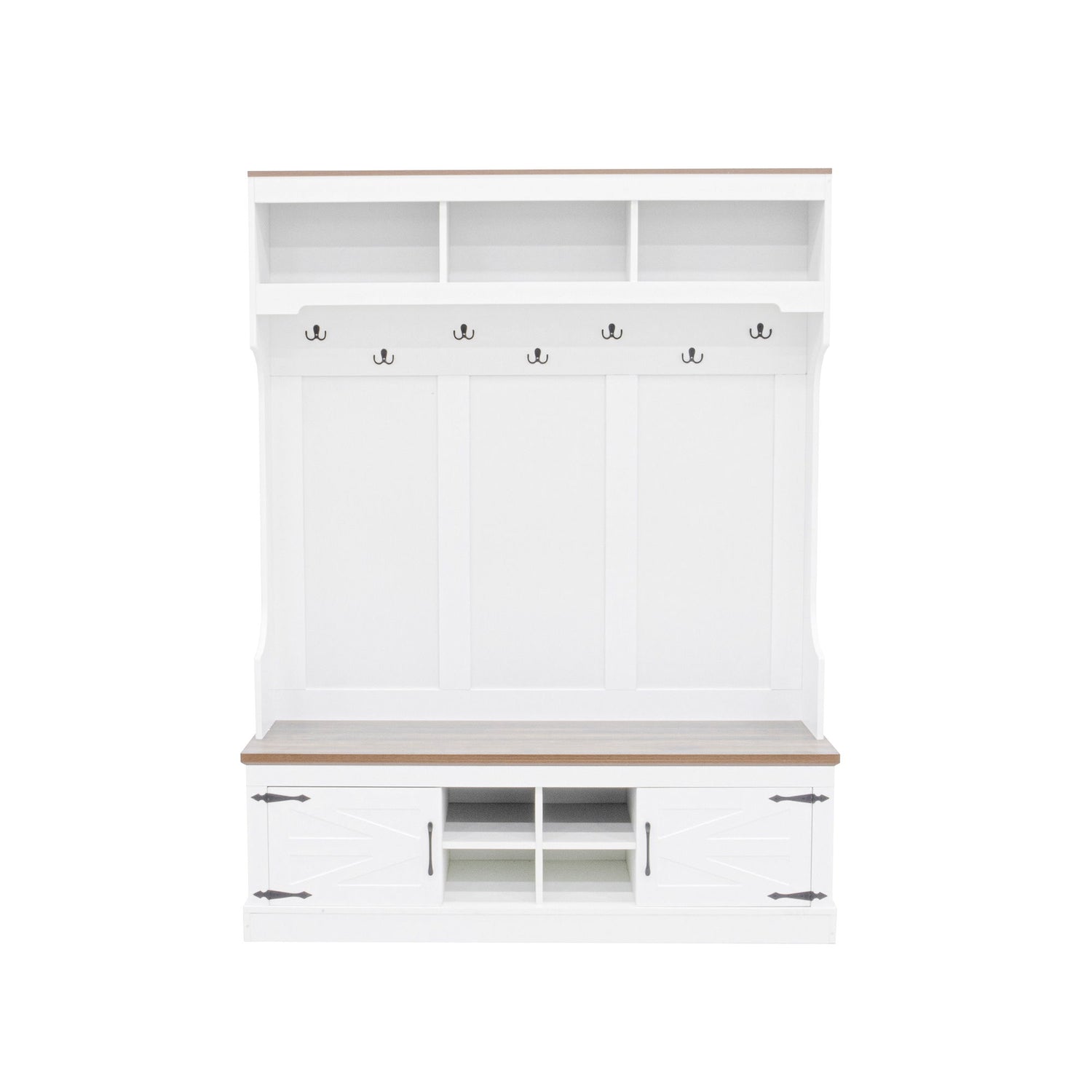 Hall Tree With Bench And Shoe Storage, 5 In 1 Entryway Organizer Cabinet With Coat Rack, 4 Shoe Cubbies &amp; 7 Hooks - White
