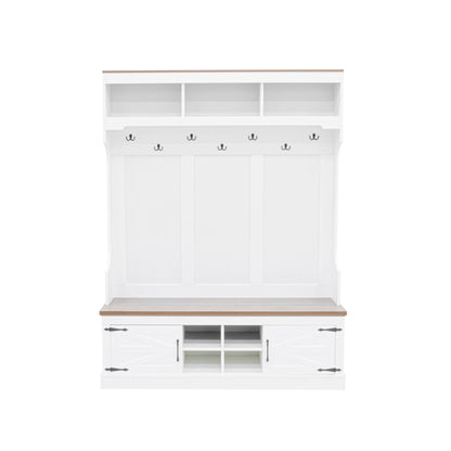 Hall Tree With Bench And Shoe Storage, 5 In 1 Entryway Organizer Cabinet With Coat Rack, 4 Shoe Cubbies &amp; 7 Hooks - White