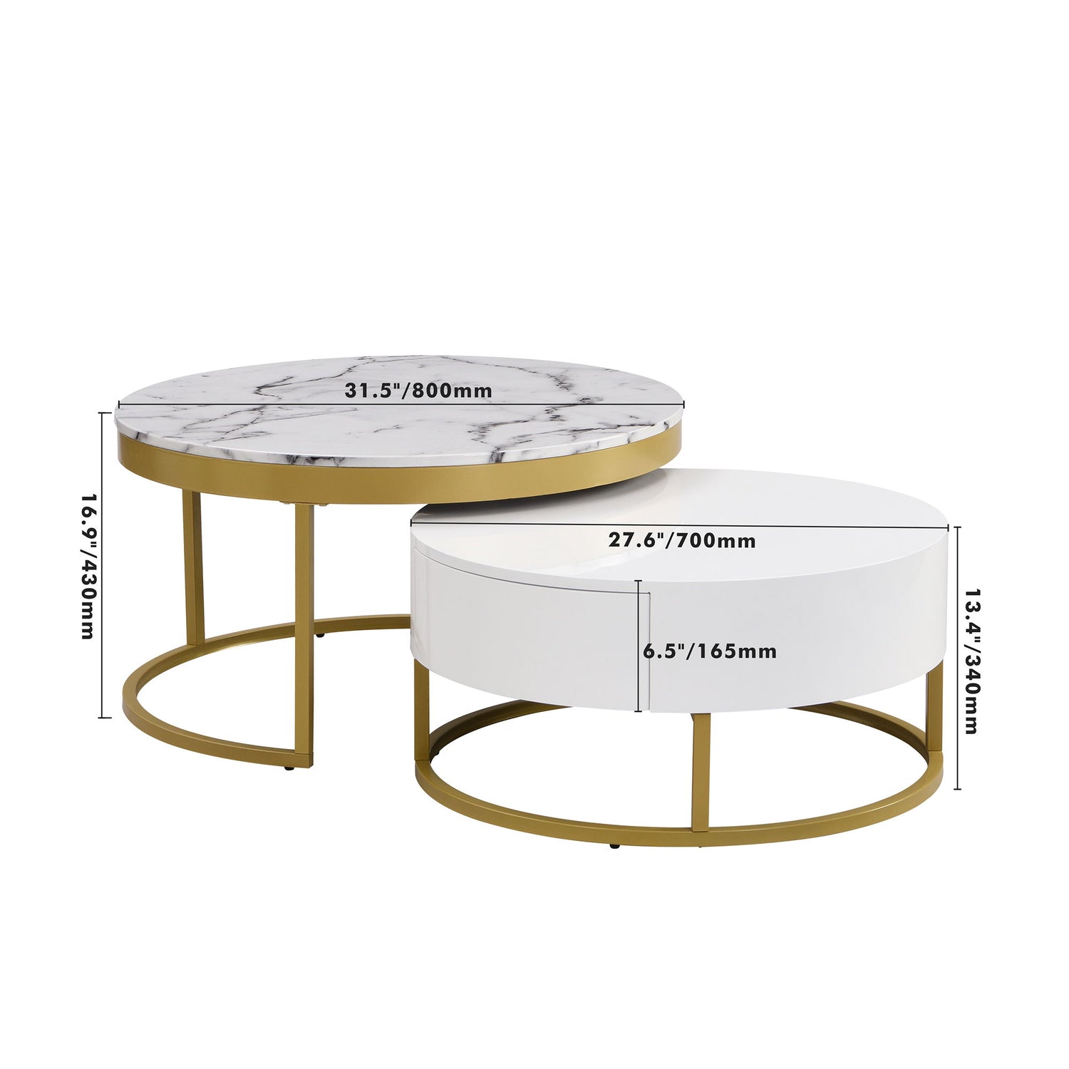 Round Nesting Coffee Table With Drawers - Golden / White