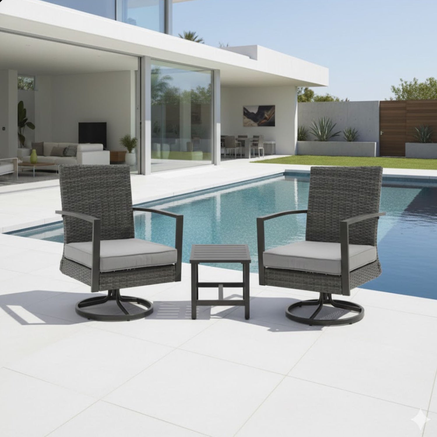 3 Piece Patio Furniture, Swivel Rocker Bistro Set With Side Table &amp; Cushions For Porch - Gray