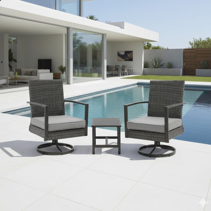 3 Piece Patio Furniture, Swivel Rocker Bistro Set With Side Table &amp; Cushions For Porch - Gray
