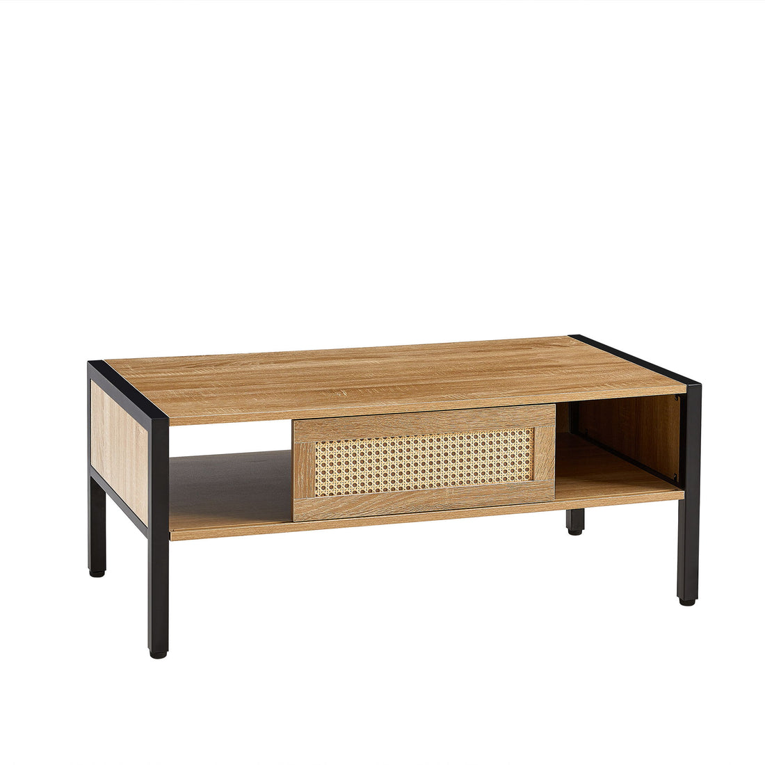 40.16&quot; Rattan Coffee Table, Sliding Door For Storage, Metal Legs, Modern Table For Living Room