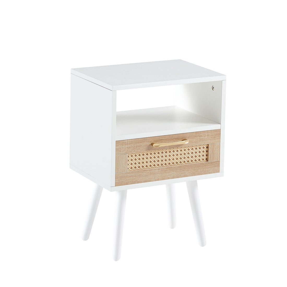 15.75&quot; Rattan End Table With Drawer And Solid Wood Legs, Modern Nightstand, Side Table For Living Room, Bedroom