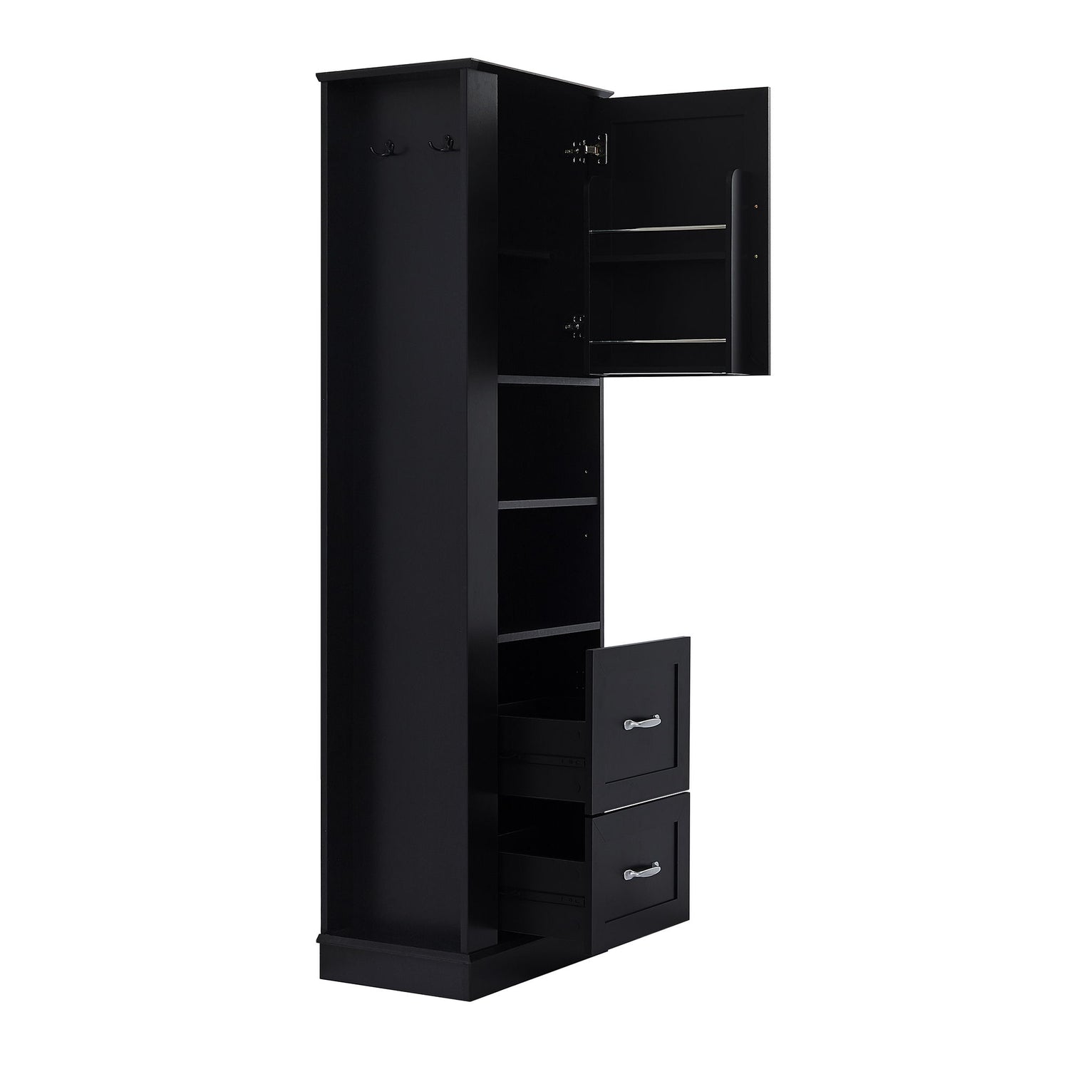 Freestanding Bathroom Storage Cabinet With Adjustable Shelves And Side Hooks Board, Rectangle Design