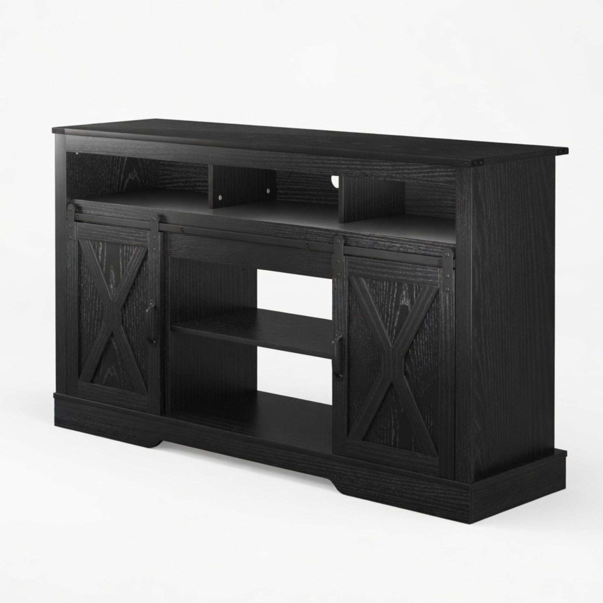 Farmhouse TV Stand With Sliding Barn Doors &amp; Adjustable Storage