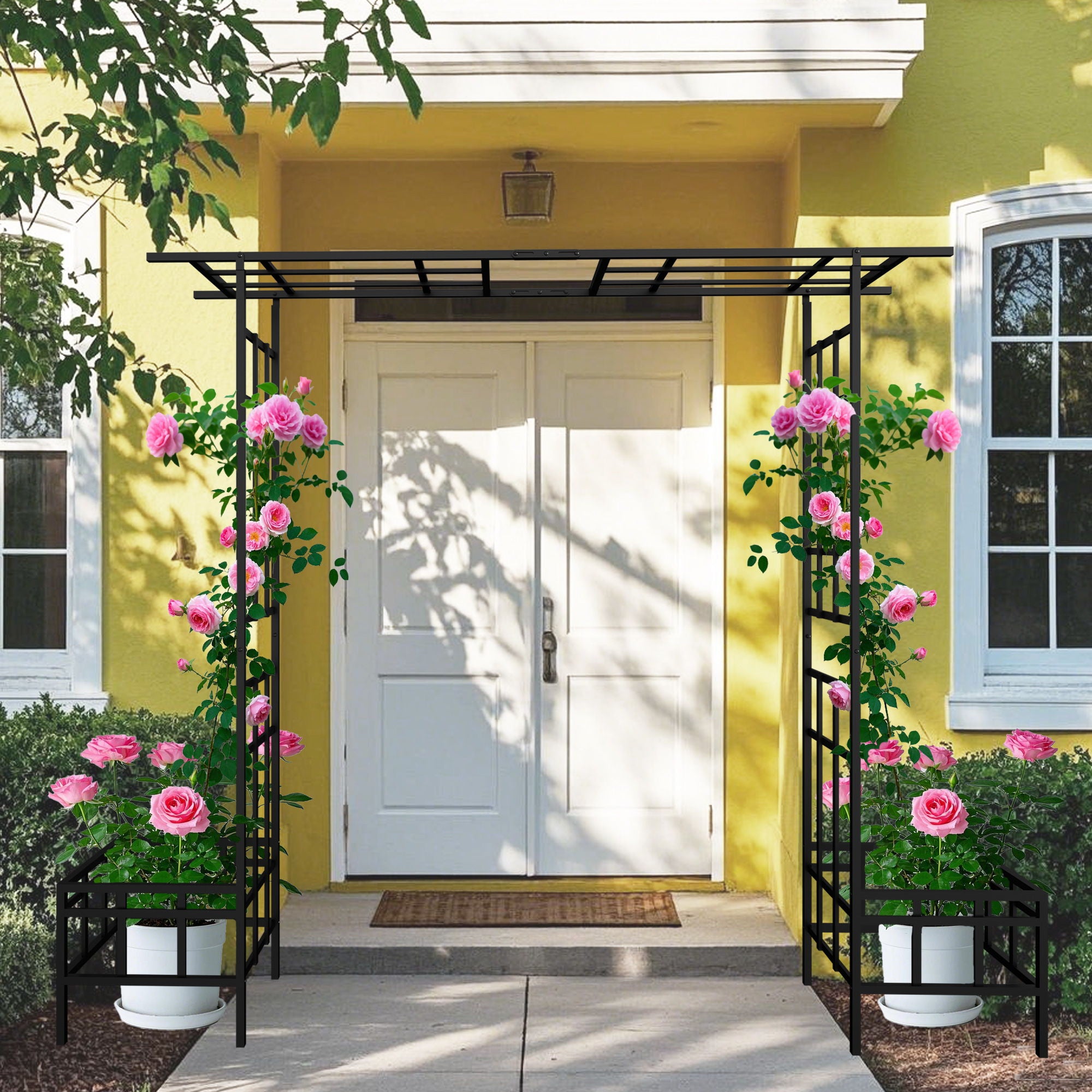 Garden Arch With Adjustable &amp; Climbing Plants Support - Black