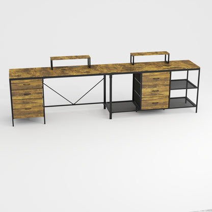 Industrial L Shaped Computer Desk With Power Outlets &amp; USB-C, 6 Fabric Drawers, 3 Open Shelves, Movable Monitor Stands - Brown