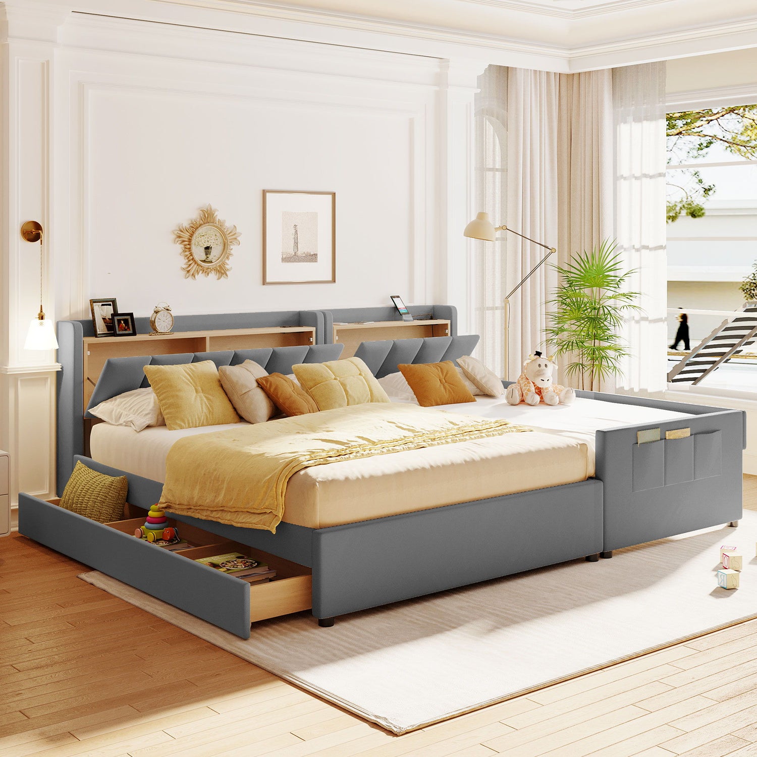 Upholstered Mother &amp; Child Bed With Hydraulic Storage System, Drawer Box, Bedhead Storage Shelf And 2 Pairs Of Sockets &amp; USB Ports