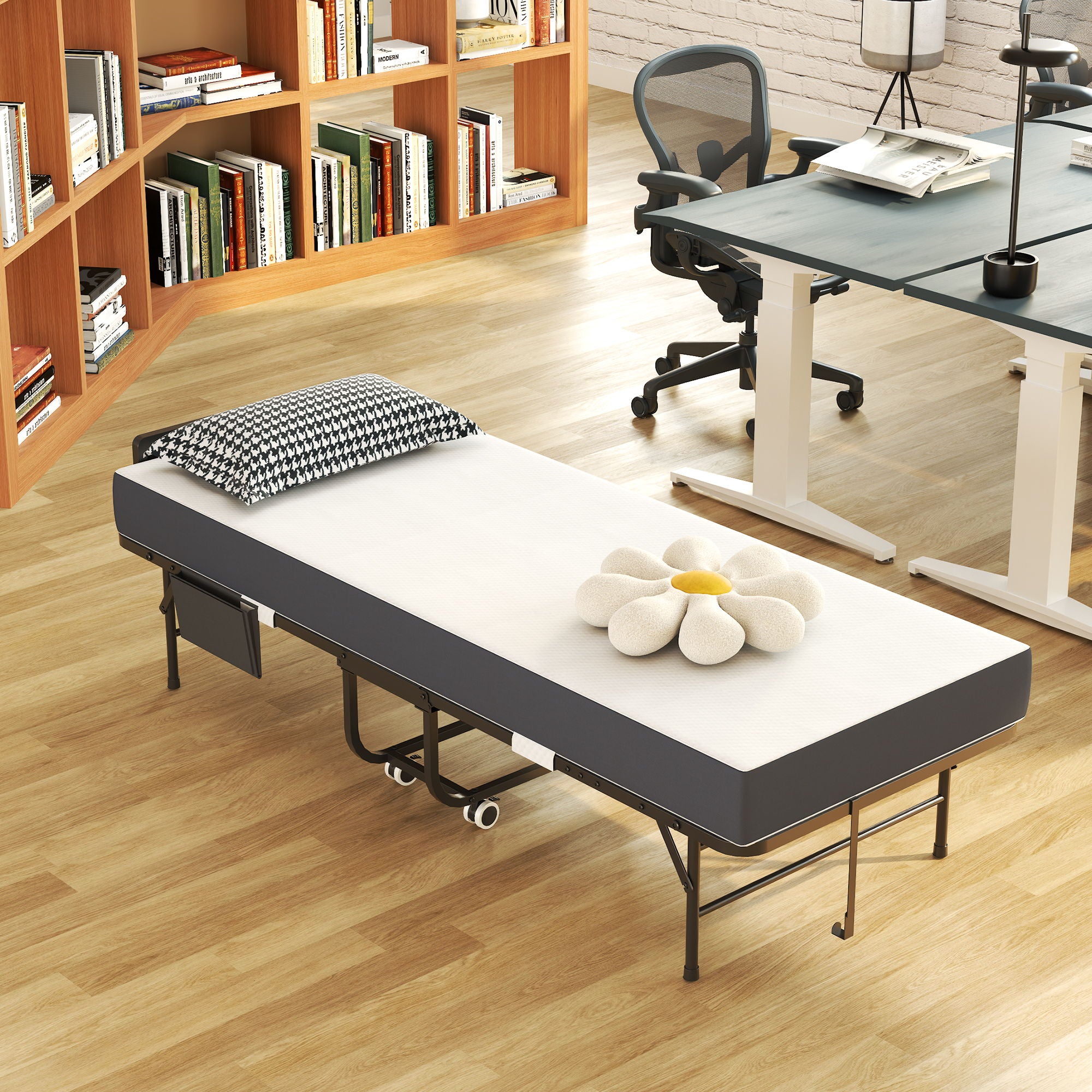 Twin Folding Bed With Adjustable Headboard &amp; Memory Foam, Space Saving Rollaway Guest For Tall People, Portable On Wheels, Easy Assembly - Black