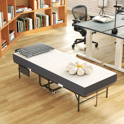 Twin Folding Bed With Adjustable Headboard &amp; Memory Foam, Space Saving Rollaway Guest For Tall People, Portable On Wheels, Easy Assembly - Black