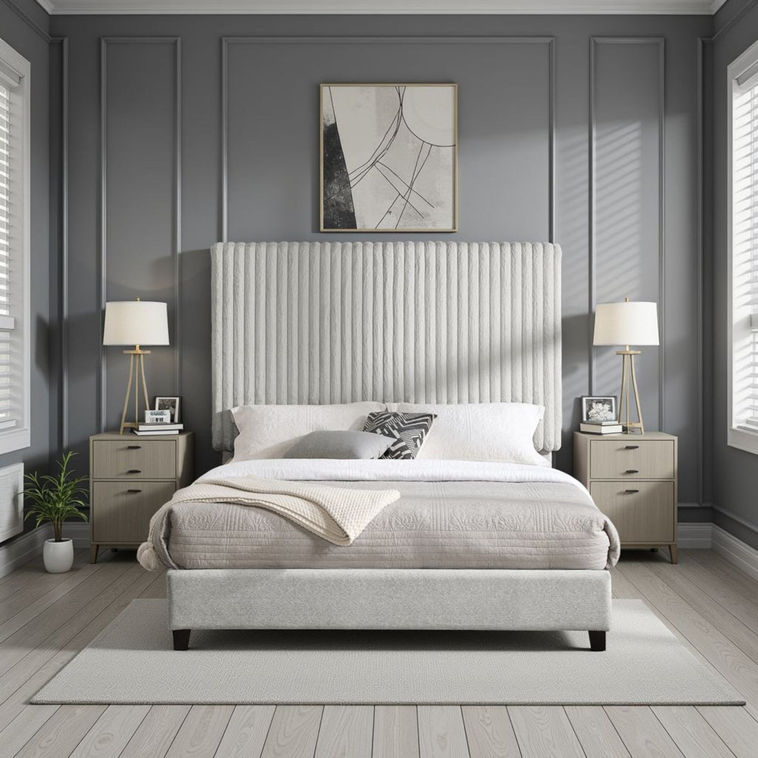 Queen Size Minky Stone Upholstered Platform Bed