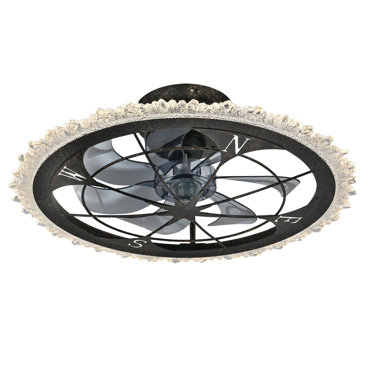 Caged Ceiling Fan &amp; Remote Controlled Dimmable LED Lights, Flush Mount Fan, Low Profile Design - Antique Black