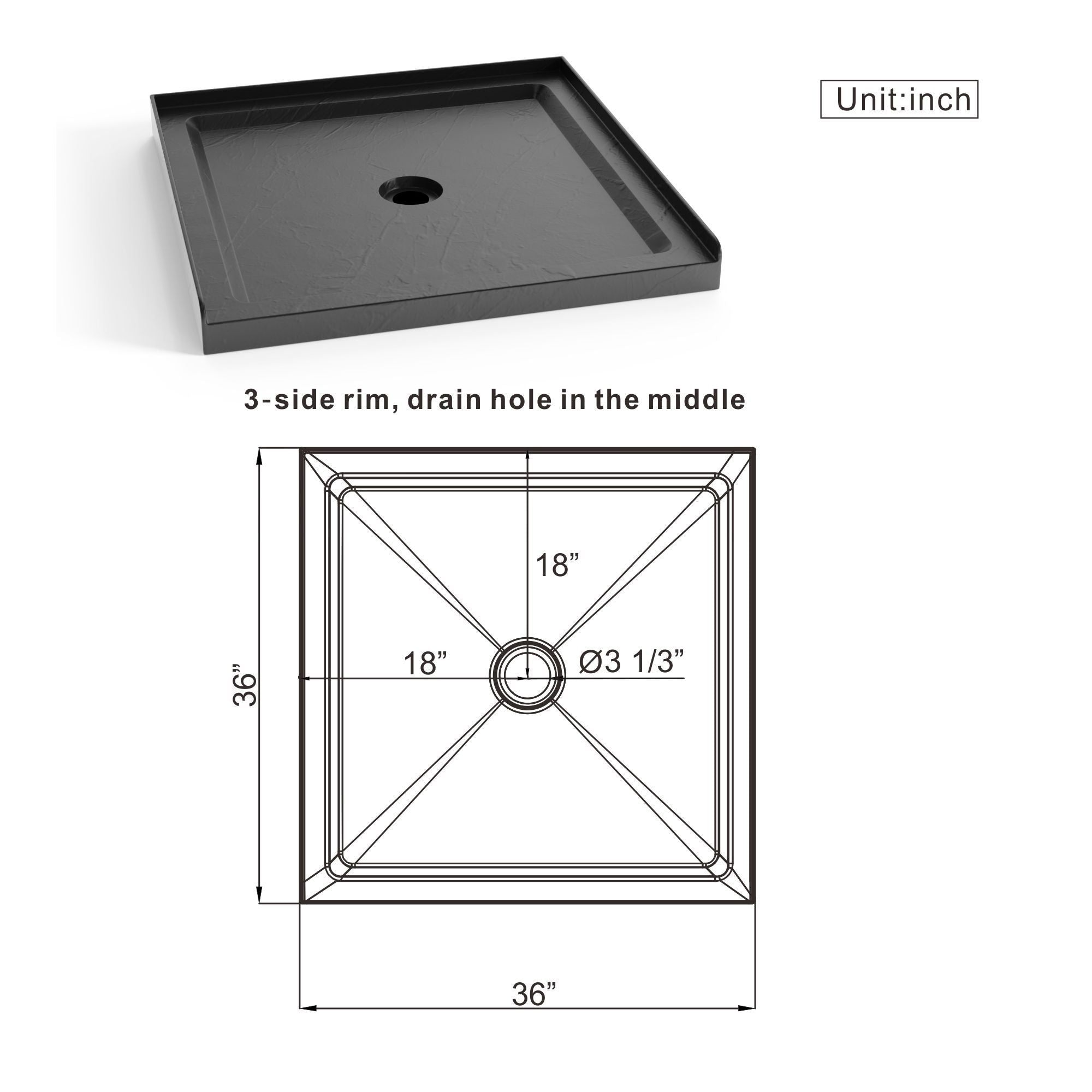 Anti Slip Center Drain Single Threshold Shower Base Slate - Black