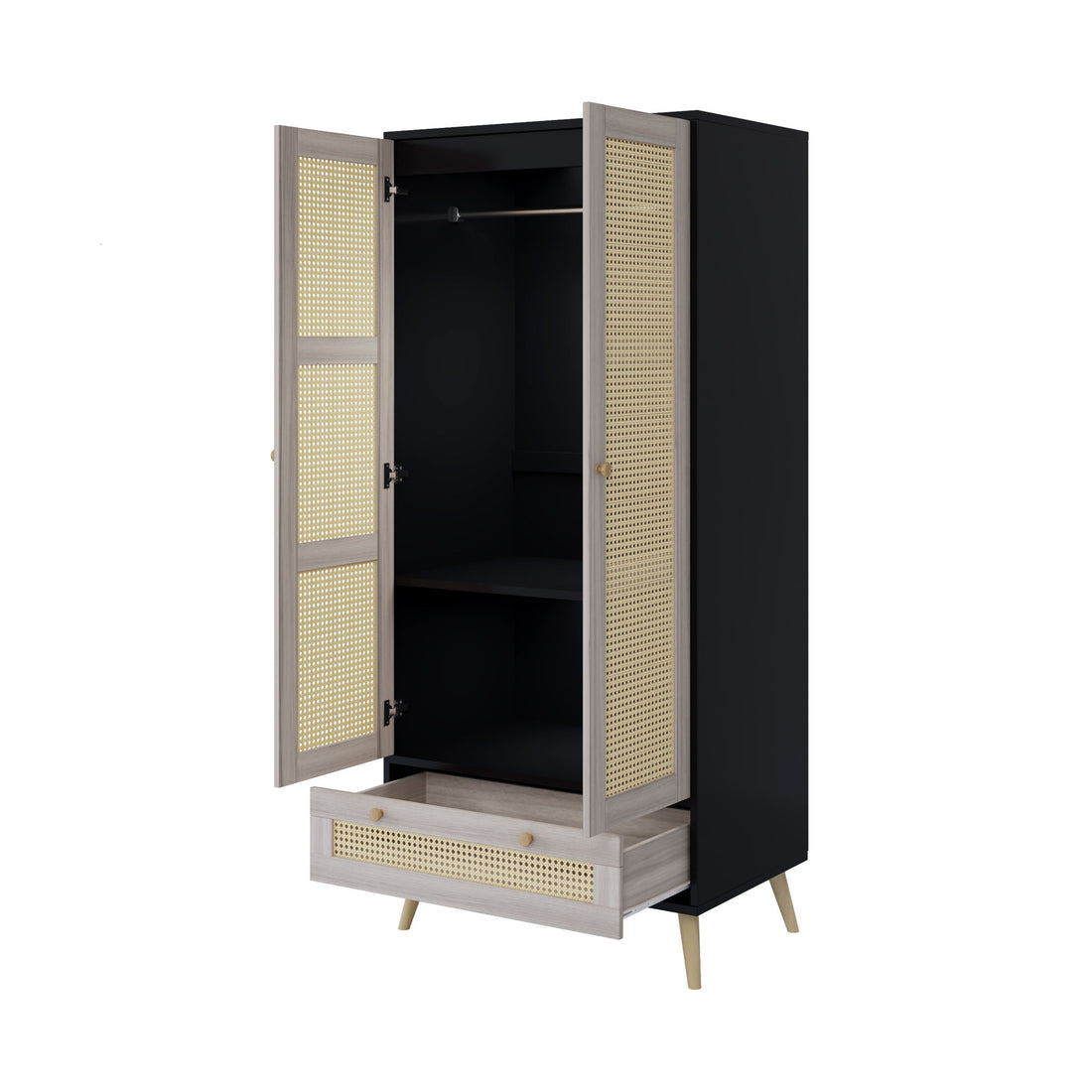 Tall Armoire Wardrobe Closet With 2 Rattan Doors &amp; 1 Drawer, Boho Clothes Storage Cabinet With Hanging Rod For Bedroom - Natural / Black