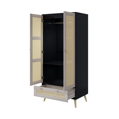 Tall Armoire Wardrobe Closet With 2 Rattan Doors &amp; 1 Drawer, Boho Clothes Storage Cabinet With Hanging Rod For Bedroom - Natural / Black