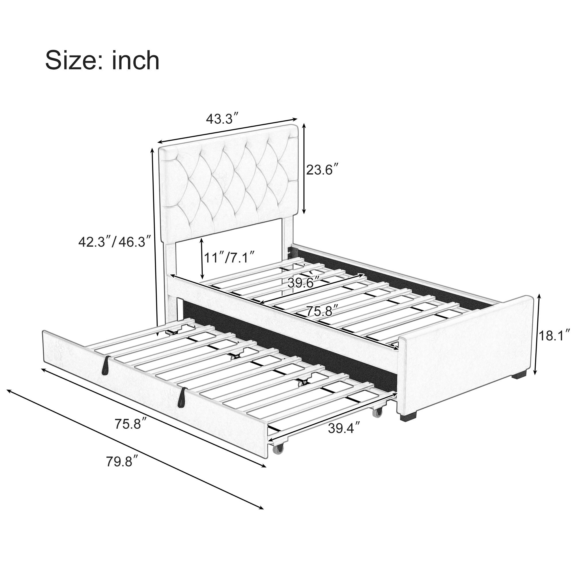Twin Size Velvet Fabric Upholstered Platform Bed With Trundle And Adjustable Tufted Headboard - Beige