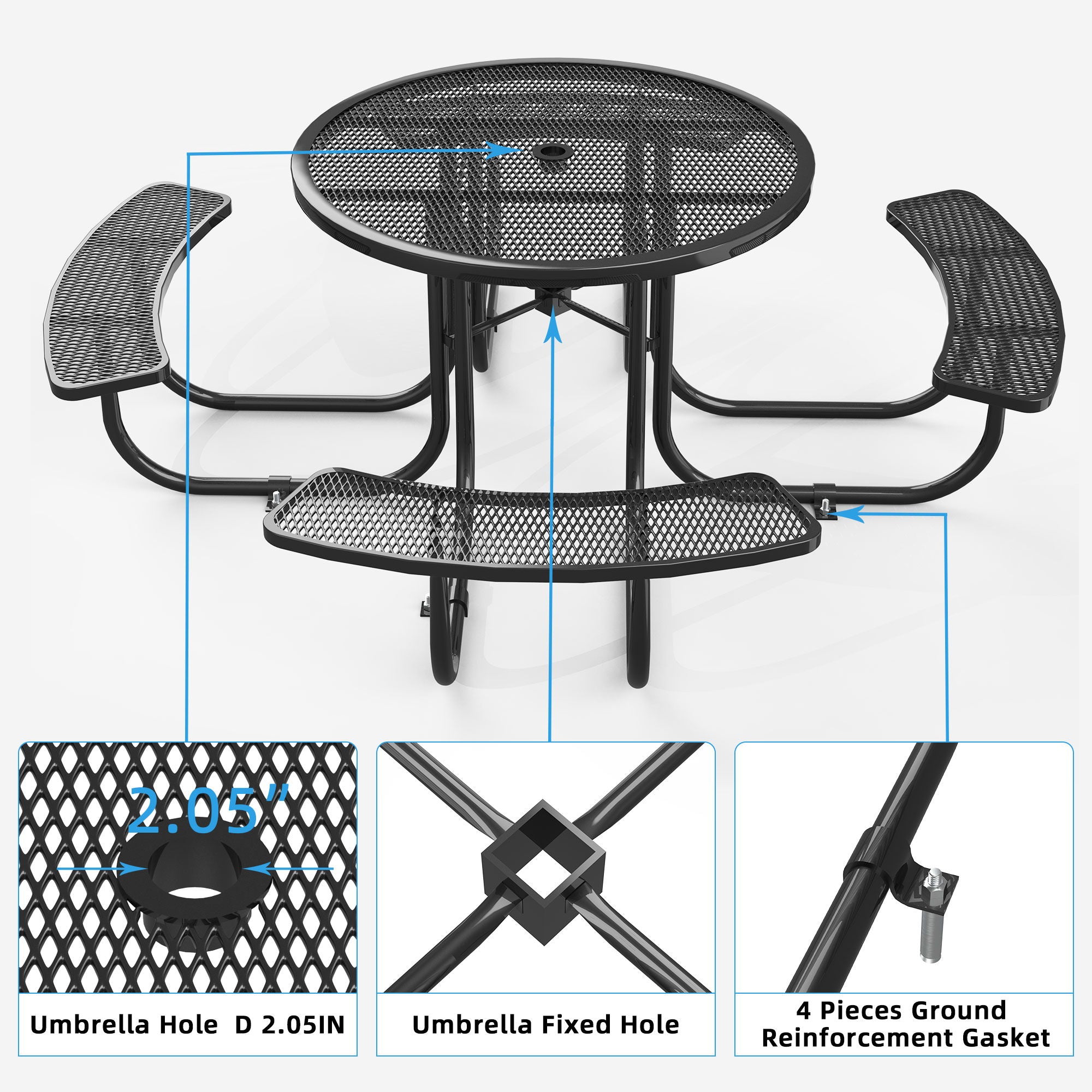 Round Outdoor Steel Picnic Table 46&quot; With Umbrella Pole